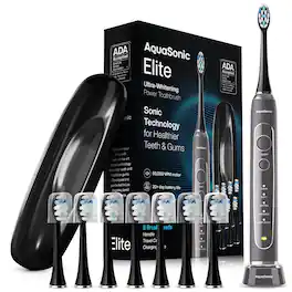 AquaSonic - Elite Rechargeable Electric Toothbrush Set - ADA Accepted, 5 Modes, Travel Case, 8 Brush Heads - Charcoal