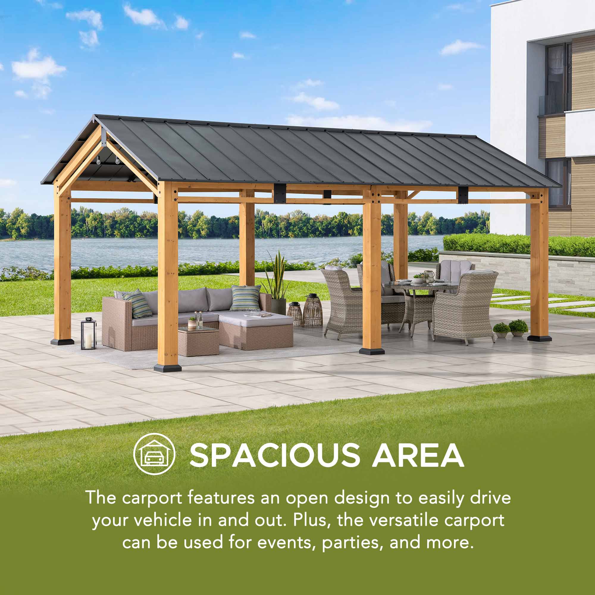 SPACIOUS AREA

The carport features an open design to easily drive your vehicle in and out. Plus, the versatile carport can be used for events, parties, and more.