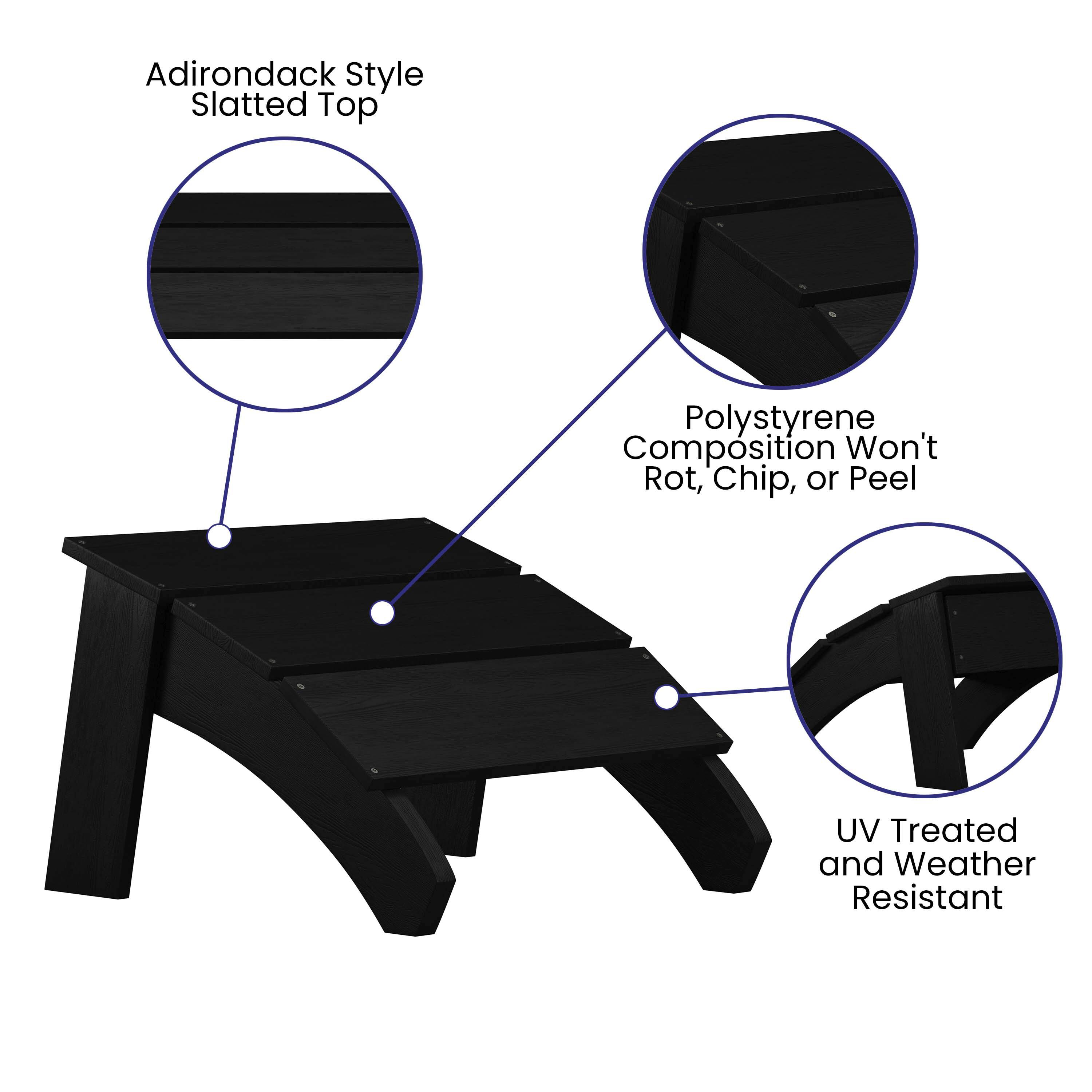 Adirondack Style Slatted Top  
Polystyrene Composition Won't Rot, Chip, or Peel  
UV Treated and Weather Resistant
