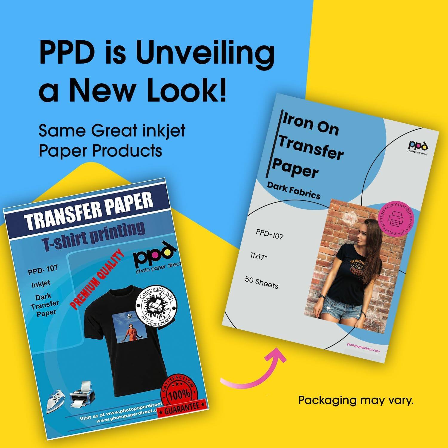 PPD is unveiling a new look! Same great inkjet paper products. Transfer paper for dark fabrics and T-shirt printing. PPD-107, 107 quality, PP paper direct, 11x17" Duplex. PPD photo, coffee, 50 inkjet sheets, dark premium compatible with transfer paper. ME Corners, PP compatible printers with. Visit www.photopaperdirect.com. 100% guarantee. Packaging may vary.