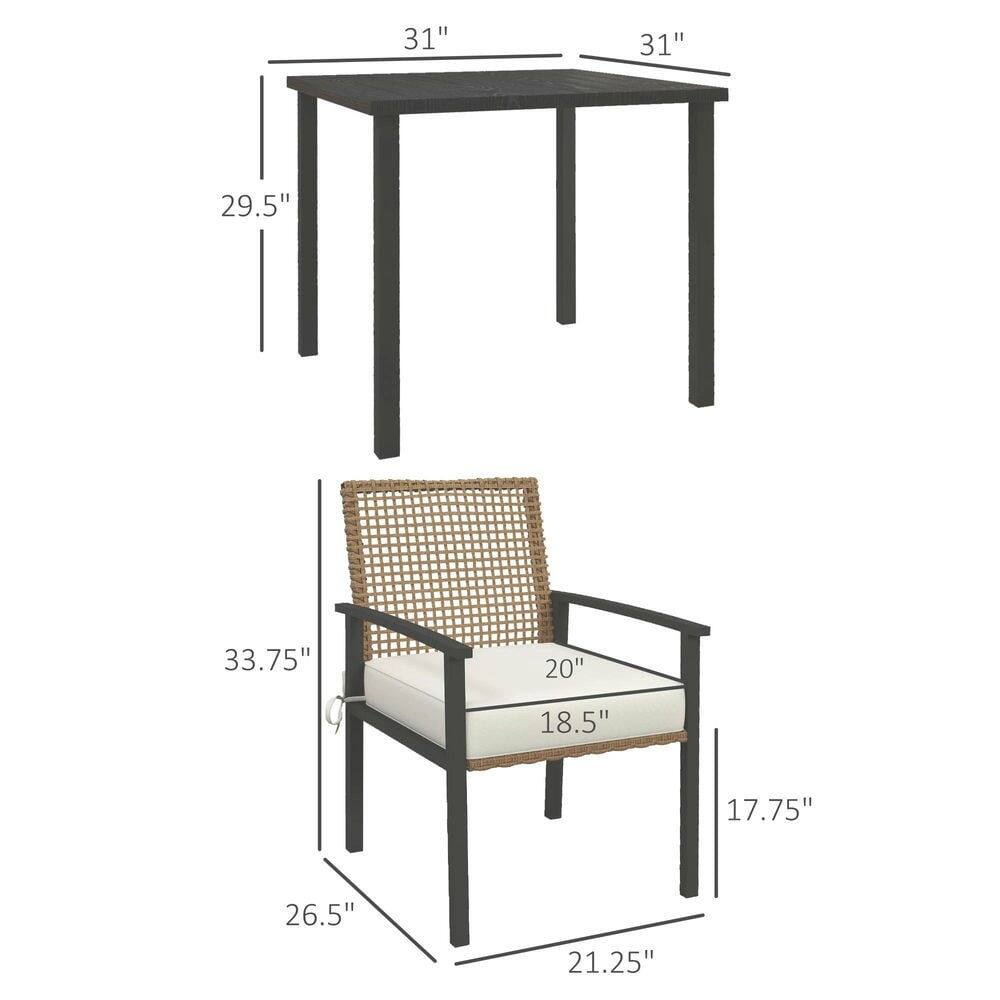 Table: 31", 31", 29.5"

Chair: 33.75", 20", 18.5", 17.75", 26.5", 21.25"