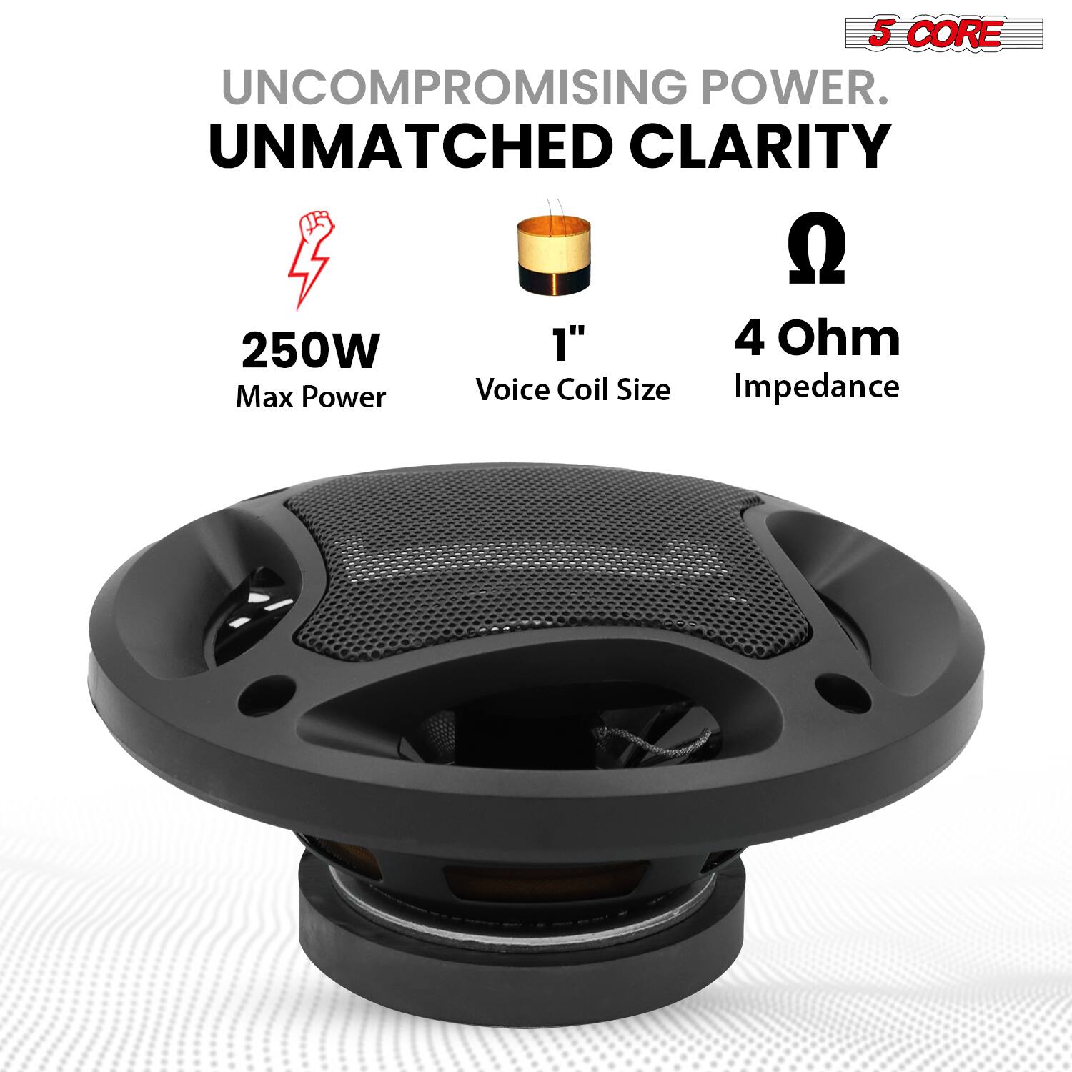5 CORE UNCOMPROMISING POWER. UNMATCHED CLARITY  
250W  
1"  
4 Ohm  
Max Power  
Voice Coil Size  
Impedance