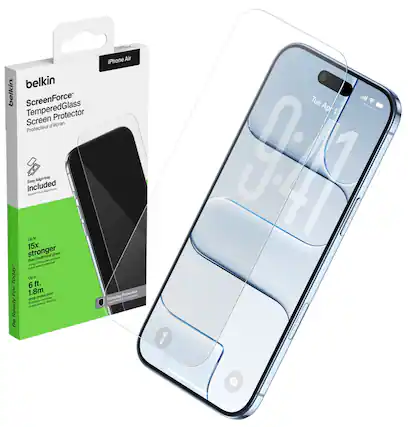 Belkin ScreenForce Tempered Glass Protector Screen d'écran Protecteur d'écran Align W Easy included - See on Up to 15x stronger than traditional glass* Up to 6 ft. (1.8m) drop protection - Be Ready for Today - Everyday Protection - iPhone Air