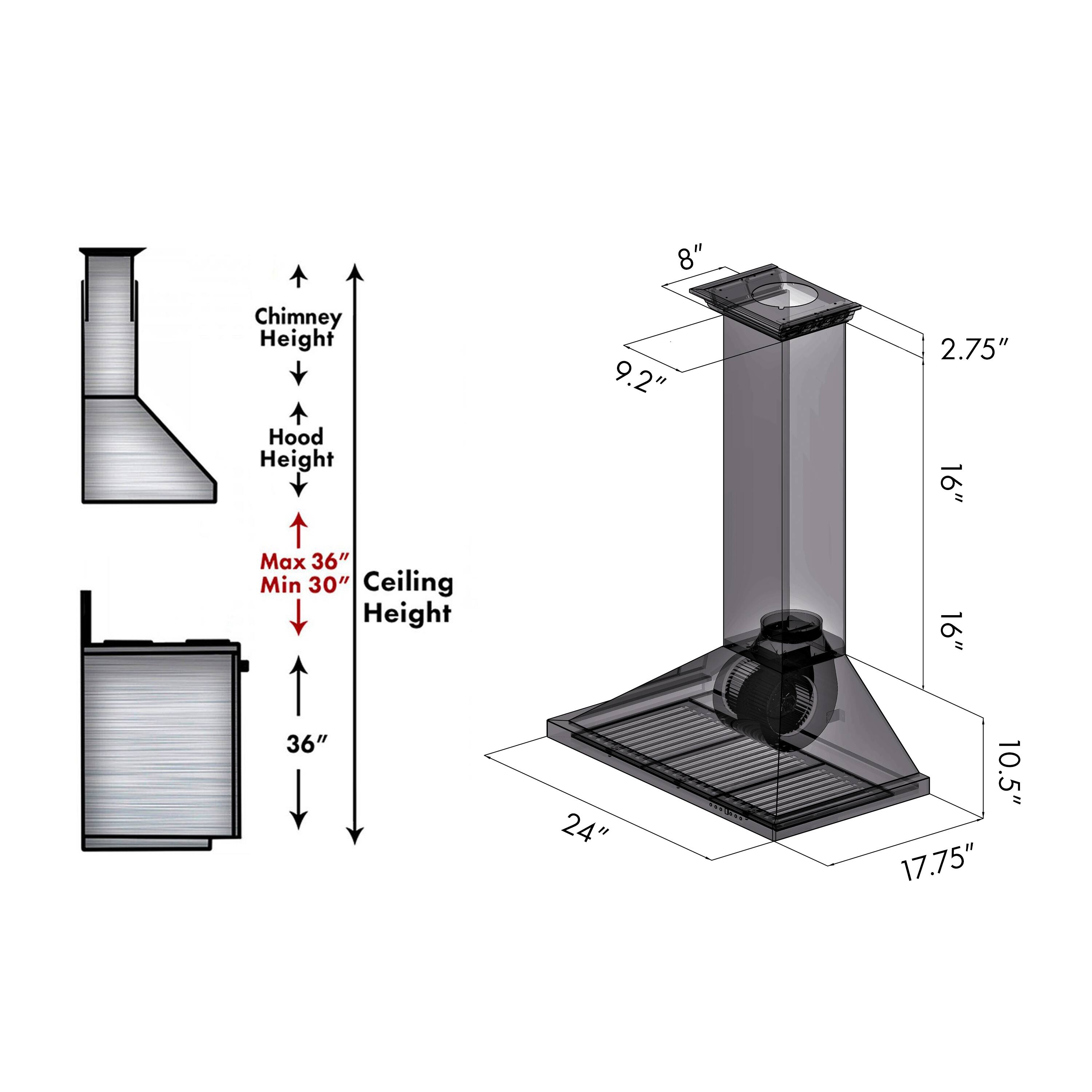 8" Chimney Height  
Hood Height 9.2"  
2.75"  
16"  
Max 36"  
Min 30"  
Ceiling Height 16"  
36"  
24"  
10.5"  
17.75"