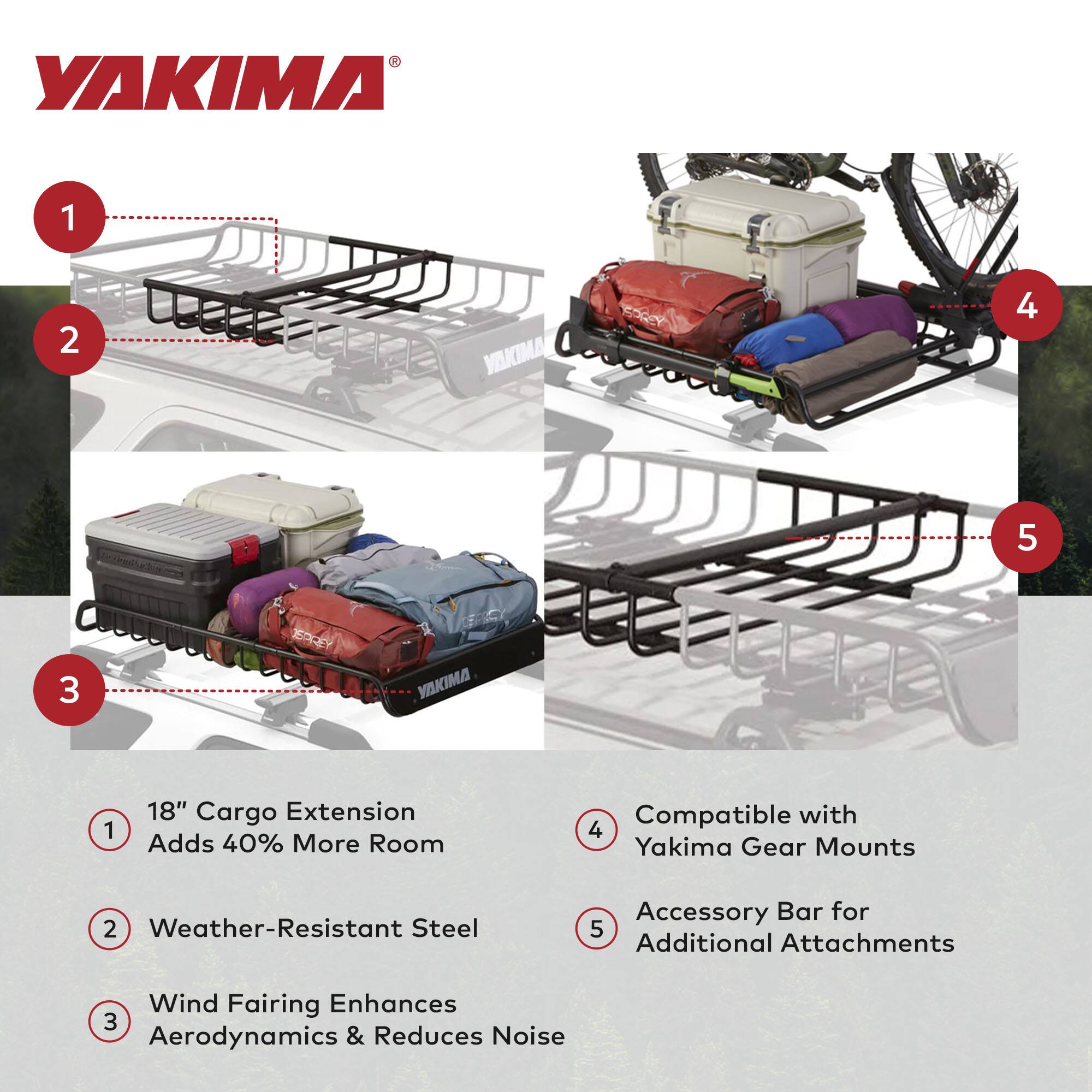 YAKIMA

1. 18" Cargo Extension Adds 40% More Room
2. Weather-Resistant Steel
3. Wind Fairing Enhances Aerodynamics & Reduces Noise
4. Compatible with Yakima Gear Mounts
5. Accessory Bar for Additional Attachments