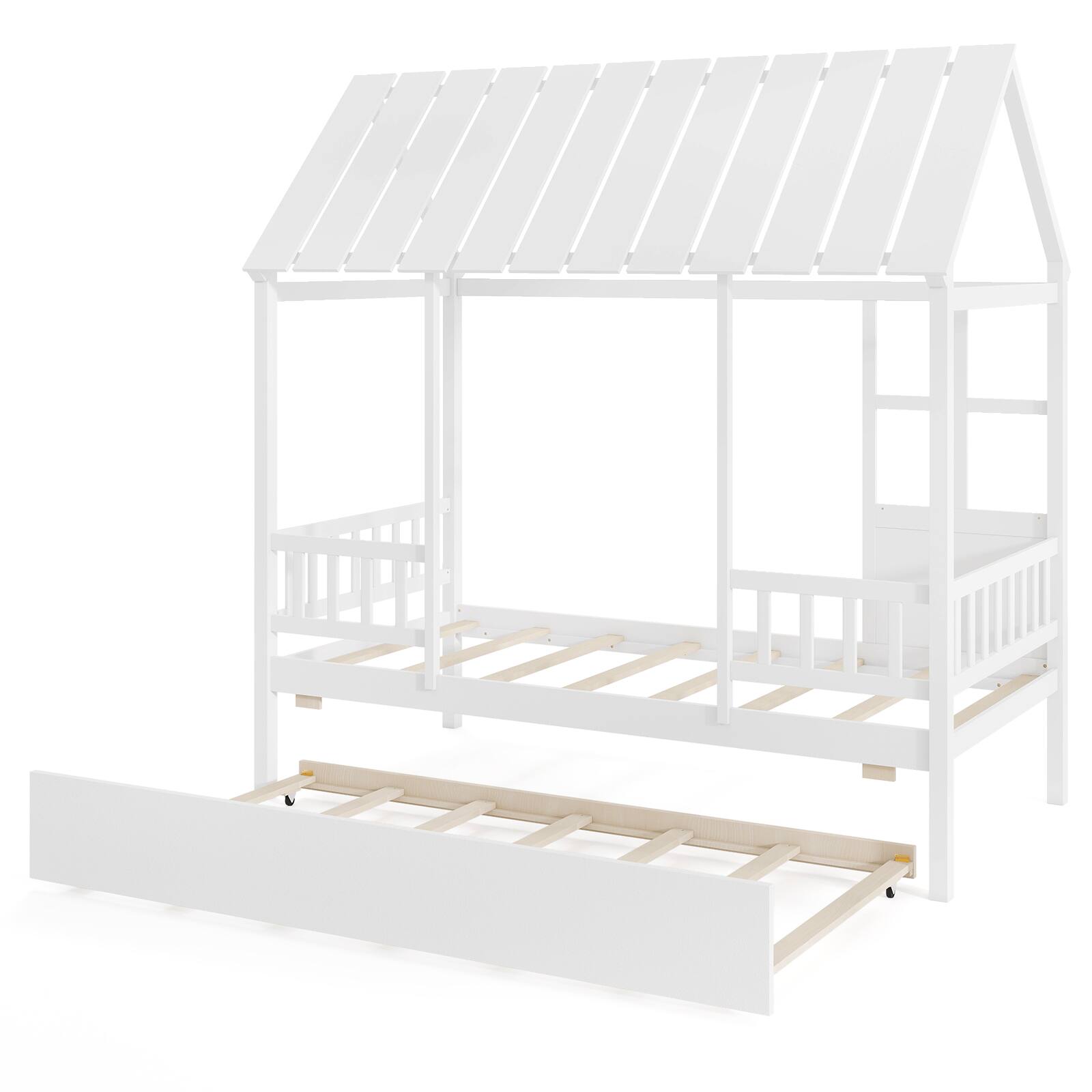 Alt View 9. Gymax - Gymax Twin Size House Bed w/ Trundle Roof Window & Safety Guardrails Slats Support - White.
