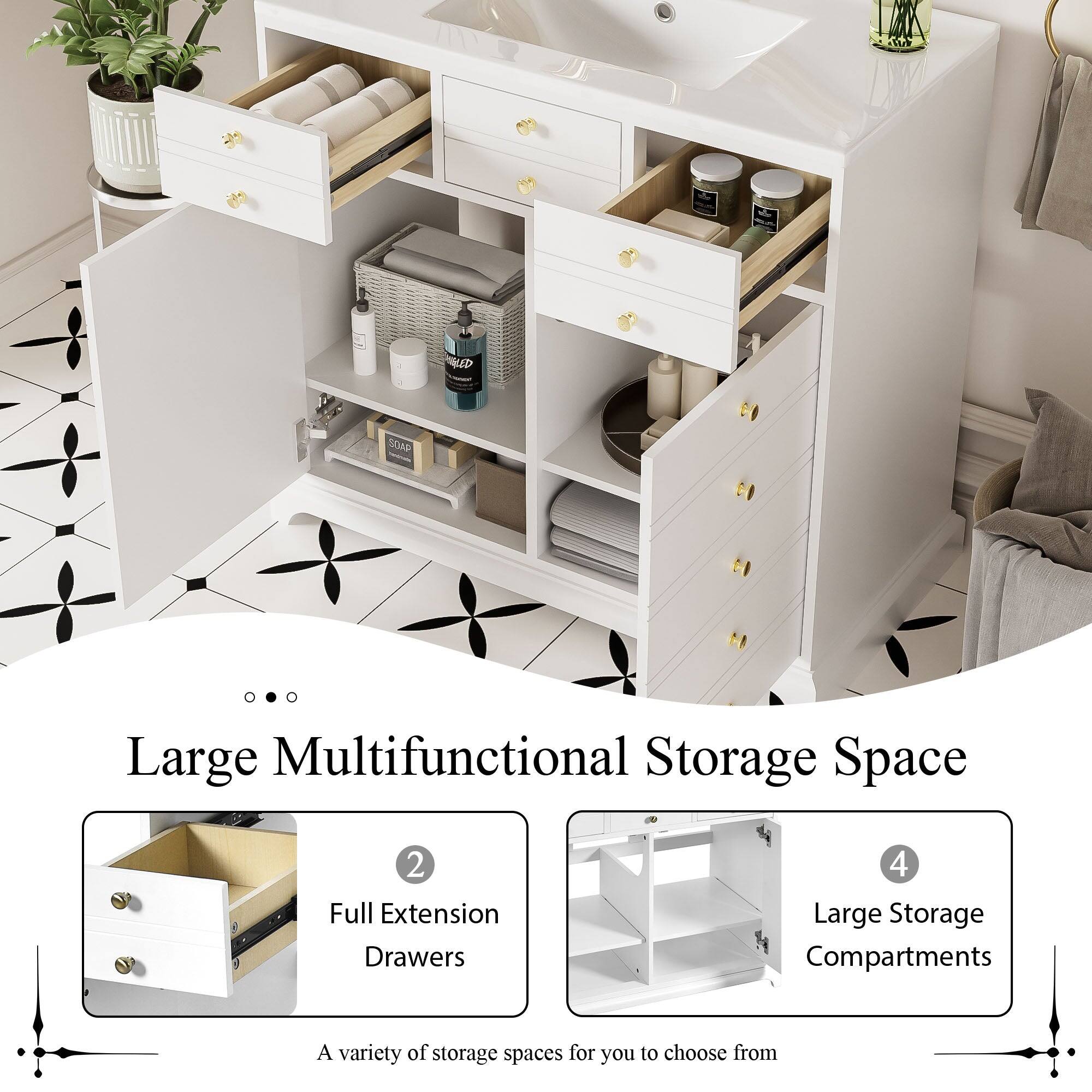 K SOAP Large Multifunctional Storage Space  
2 Full Extension Drawers  
4 Large Storage Compartments  
A variety of storage spaces for you to choose from