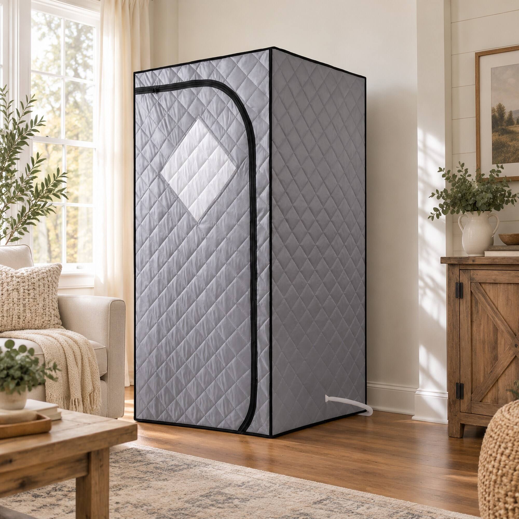 Alt View 1. RYHNUYNE - Full Size Portable Steam Sauna Tent, Grey, 29.1 x 29.1 x 66.5 in, 2.2 L Steam Generator, Remote Control, Foldable Chair - Grey.