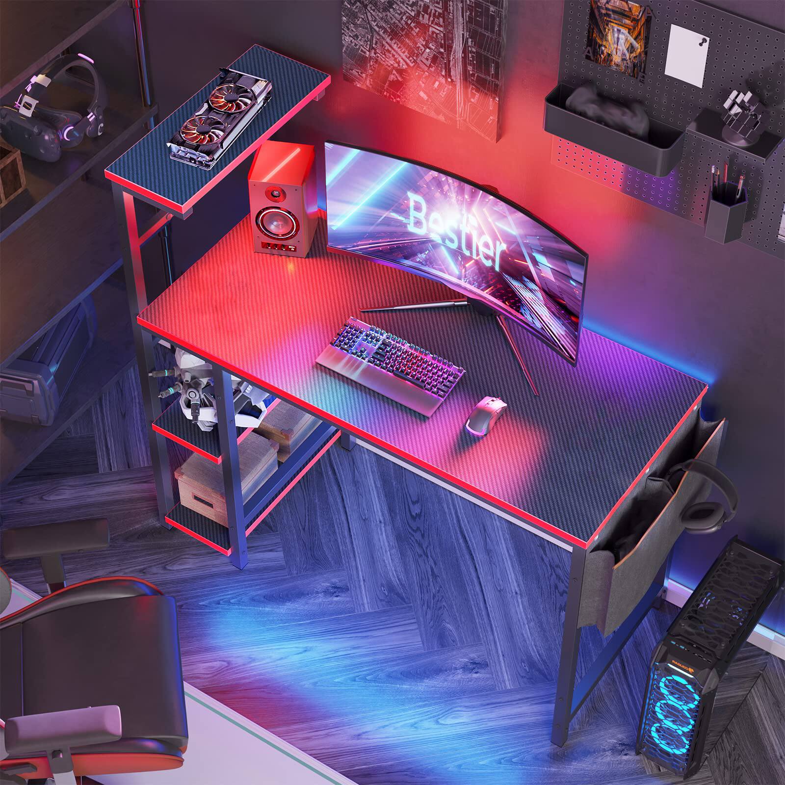 Back. Bestier - 44 inch Gaming Desk with LED Lights, Reversible Storage Shelves & Side Storage Bag for Small Space - Black Carbon Fiber.