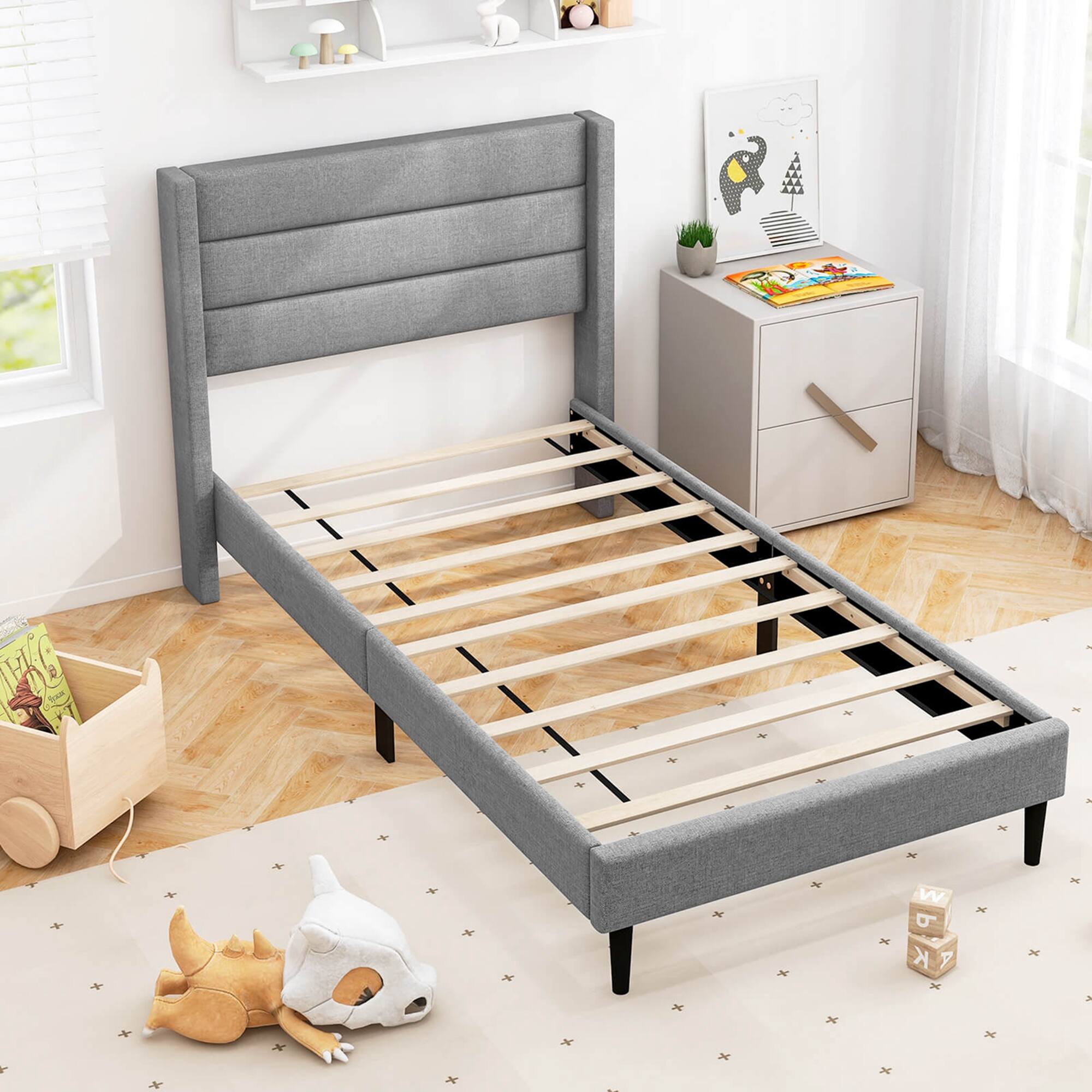 Alt View 2. Costway - Twin Bed Frame with Wingback Headboard Linen Upholstered Platform Bed - Grey.