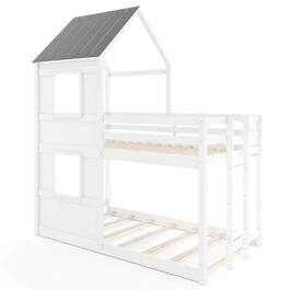 Costway - House Bunk Bed Twin Over Twin with Built in Ladder Window & Safety Guardrail - White