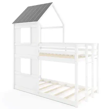 Front. Costway - House Bunk Bed Twin Over Twin with Built in Ladder Window & Safety Guardrail - White.