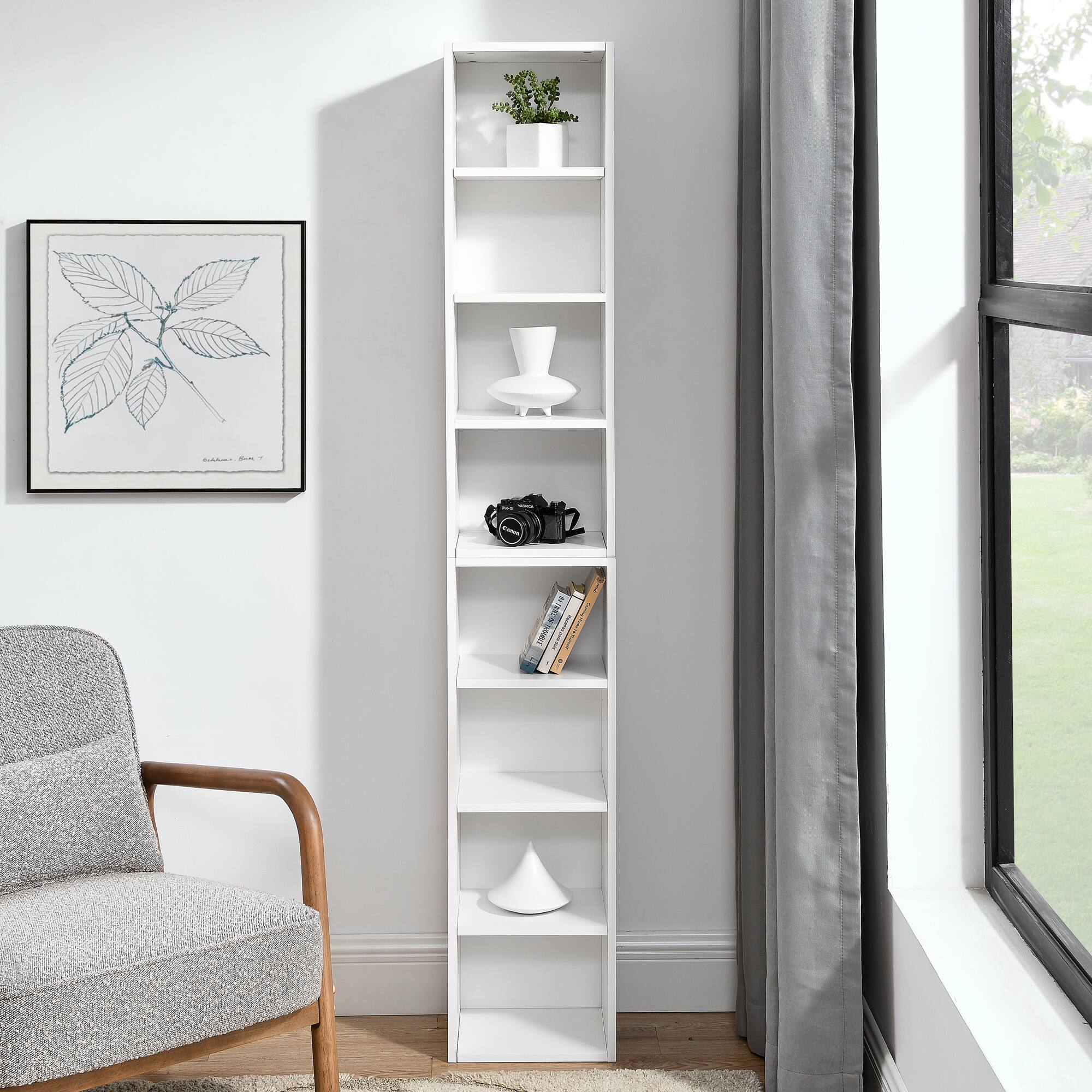 Left. Dexmalle - Dexmalle-8-Tier Slim Media Tower Rack with Adjustable Shelves,CD DVD Storage Cabinet -White - White.