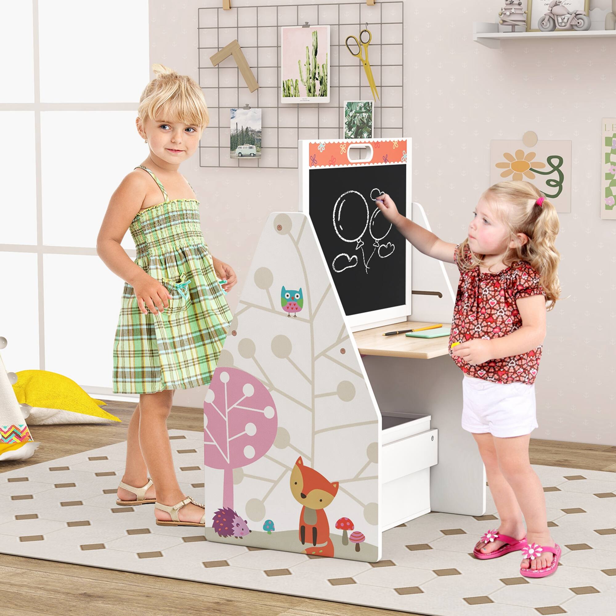 Alt View 11. Costway - Kids Table & Chair Set with Rotatable Double-sided Magnetic Blackboard & Whiteboard - White.