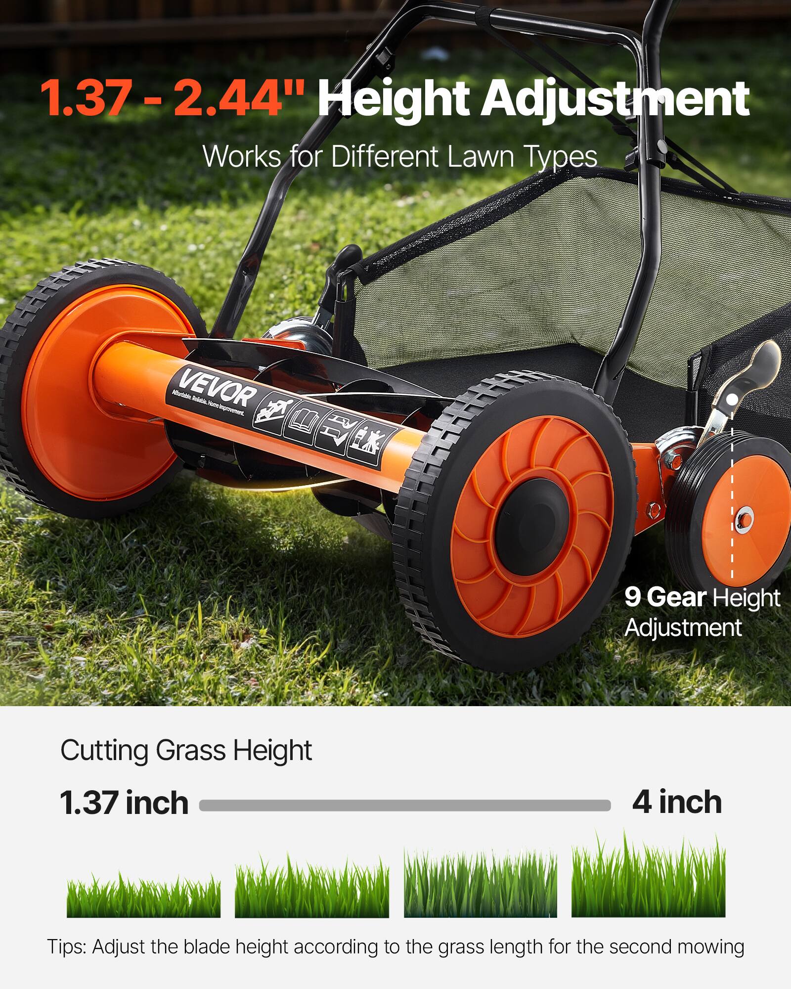 1.37 - 2.44" Height Adjustment  
Works for Different Lawn Types  

VEVOR  

9 Gear Height Adjustment  

Cutting Grass Height  
1.37 inch - 4 inch  

Tips: Adjust the blade height according to the grass length for the second mowing