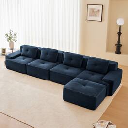 Anysun - 153" L-Shape Corduroy Sectional Sofa with Ottoman - 4-Seat Deep-Seat Couch, Pearl Piping, Tufted, No Assembly. - Blue