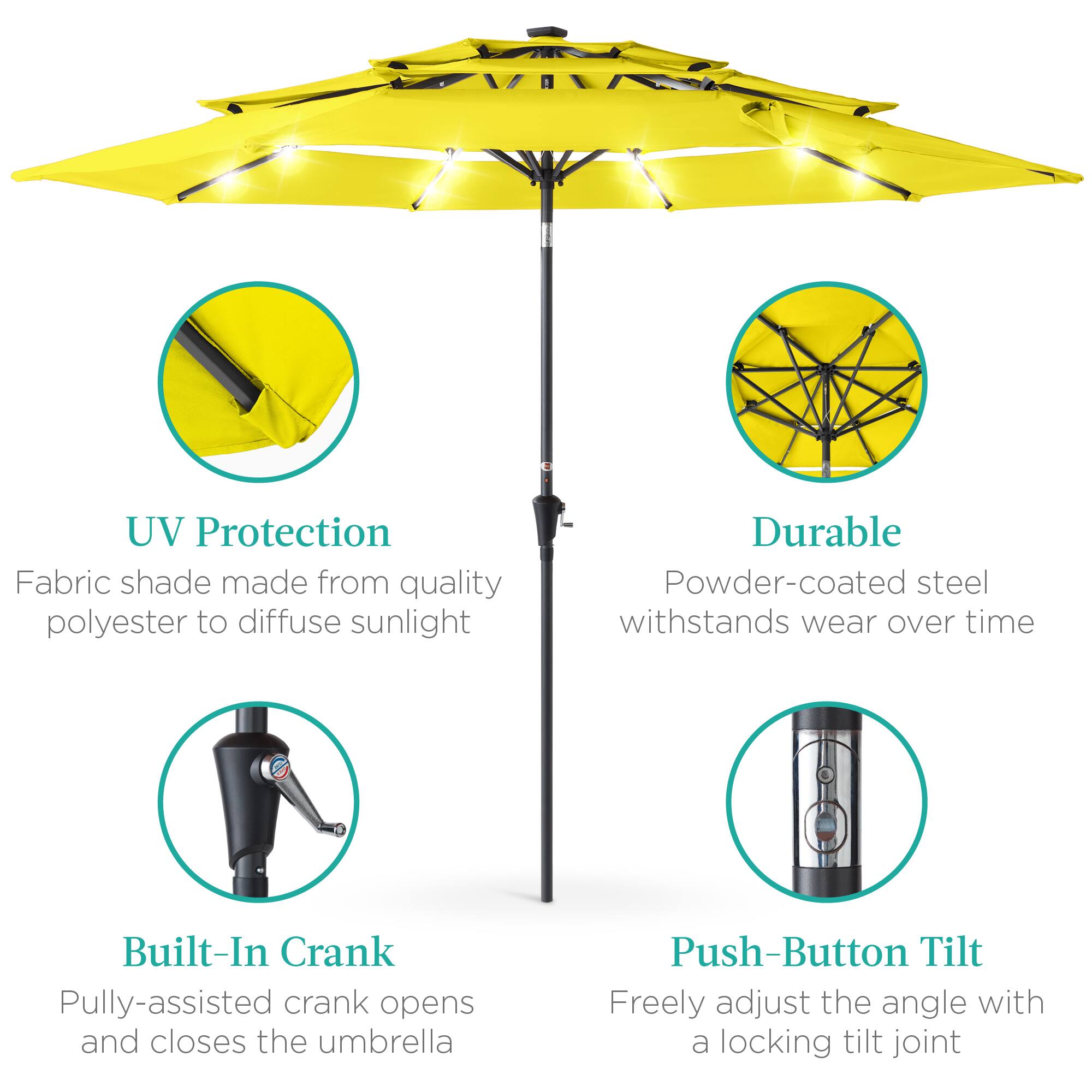 - UV Protection  
  Fabric shade made from quality polyester to diffuse sunlight

- Durable  
  Powder-coated steel withstands wear over time

- Built-In Crank  
  Pully-assisted crank opens and closes the umbrella

- Push-Button Tilt  
  Freely adjust the angle with a locking tilt joint
