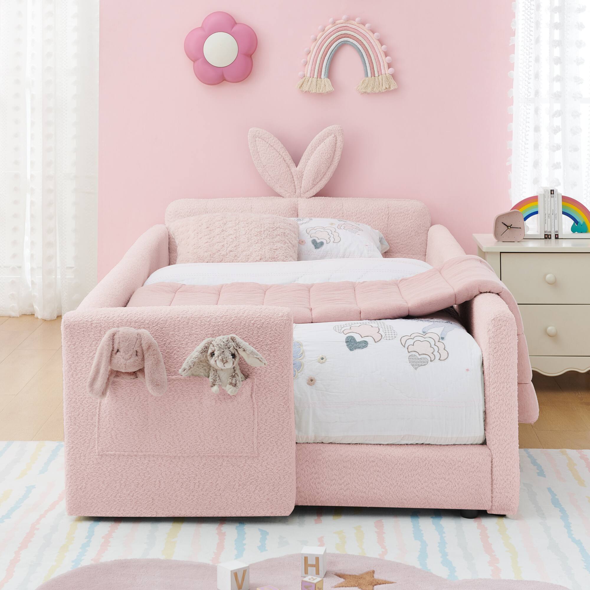 Back. GOODSILO - Twin Size Upholstered Platform Bed with Playful Bunny Ear Headboard and Safety Features in Soft Neutral Fabric - Pink.