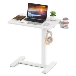 Costway - C Shaped Side Table Height Adjustable Overbed Bedside Table with Hook & Cup Holder - White