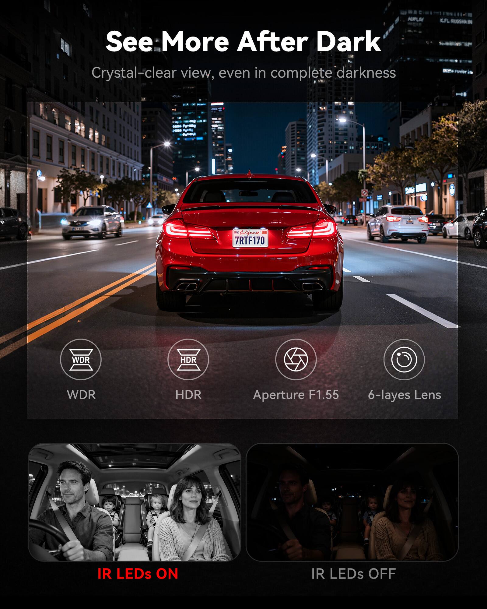 AUPLAY  
See More After Dark  
Crystal-clear view, even in complete darkness  

KFL RUSSILIN  
Pwvler  
California  
7RTF170  

WDR  
HDR  
Aperture F1.55  
6-layers Lens  
IR LEDs ON  
IR LEDs OFF