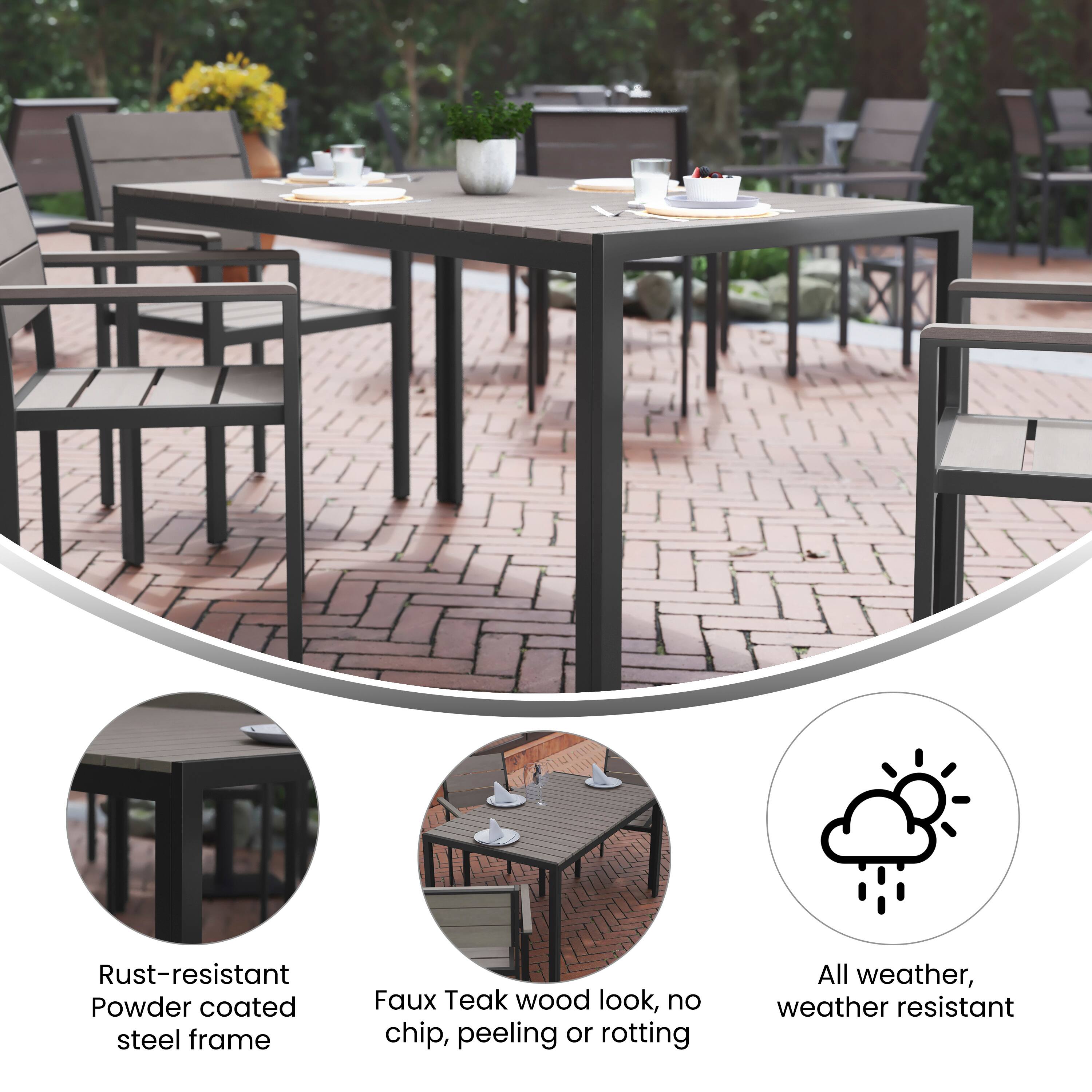 - Rust-resistant Powder coated steel frame
- Faux Teak wood look, no chip, peeling or rotting
- All weather, weather resistant