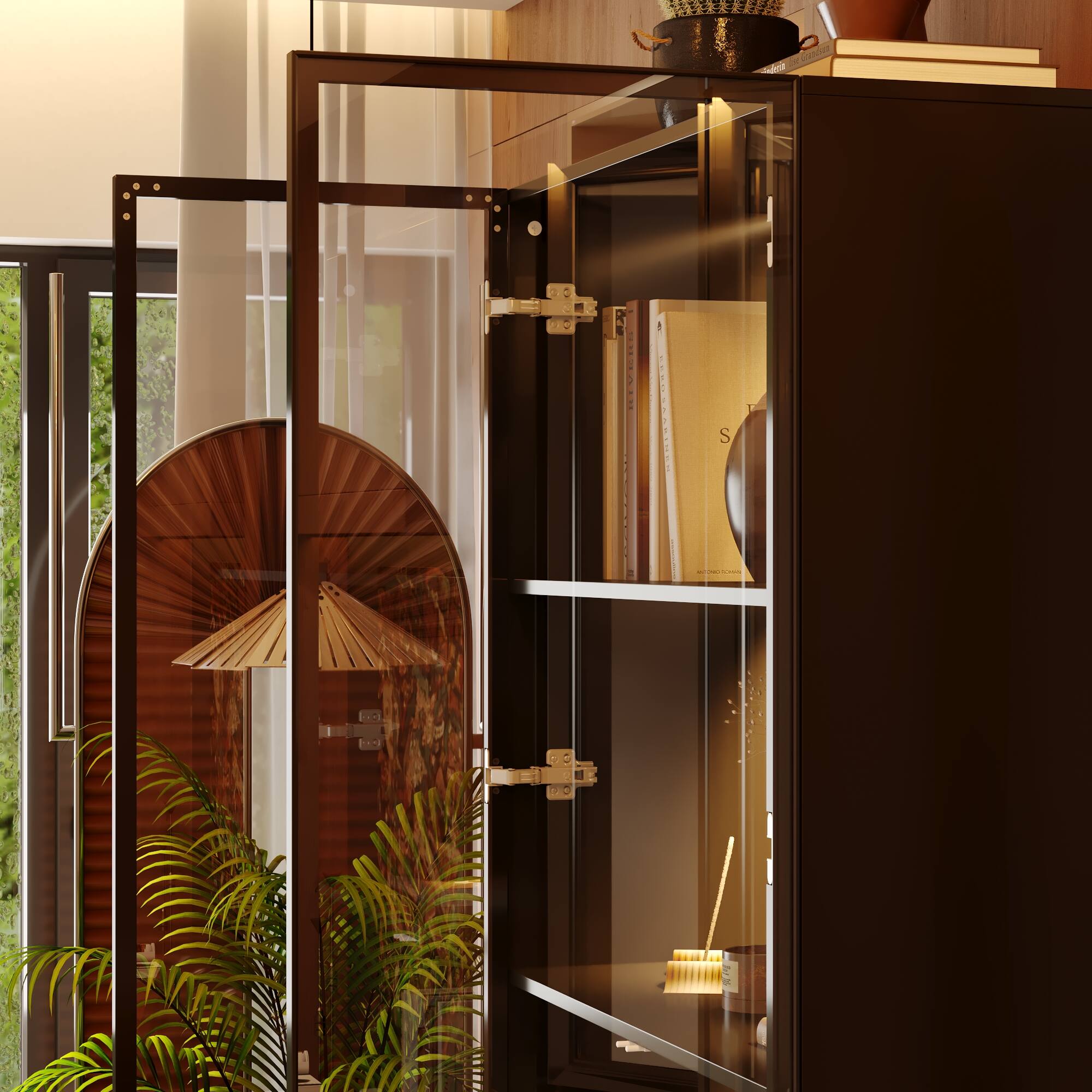 Alt View 7. FUFU & GAGA - Modern Tempered Glass - Door Wine Cabinet Adjustable LED Lighting Press - to - Open Doors Pantry for Kitchen - Black.