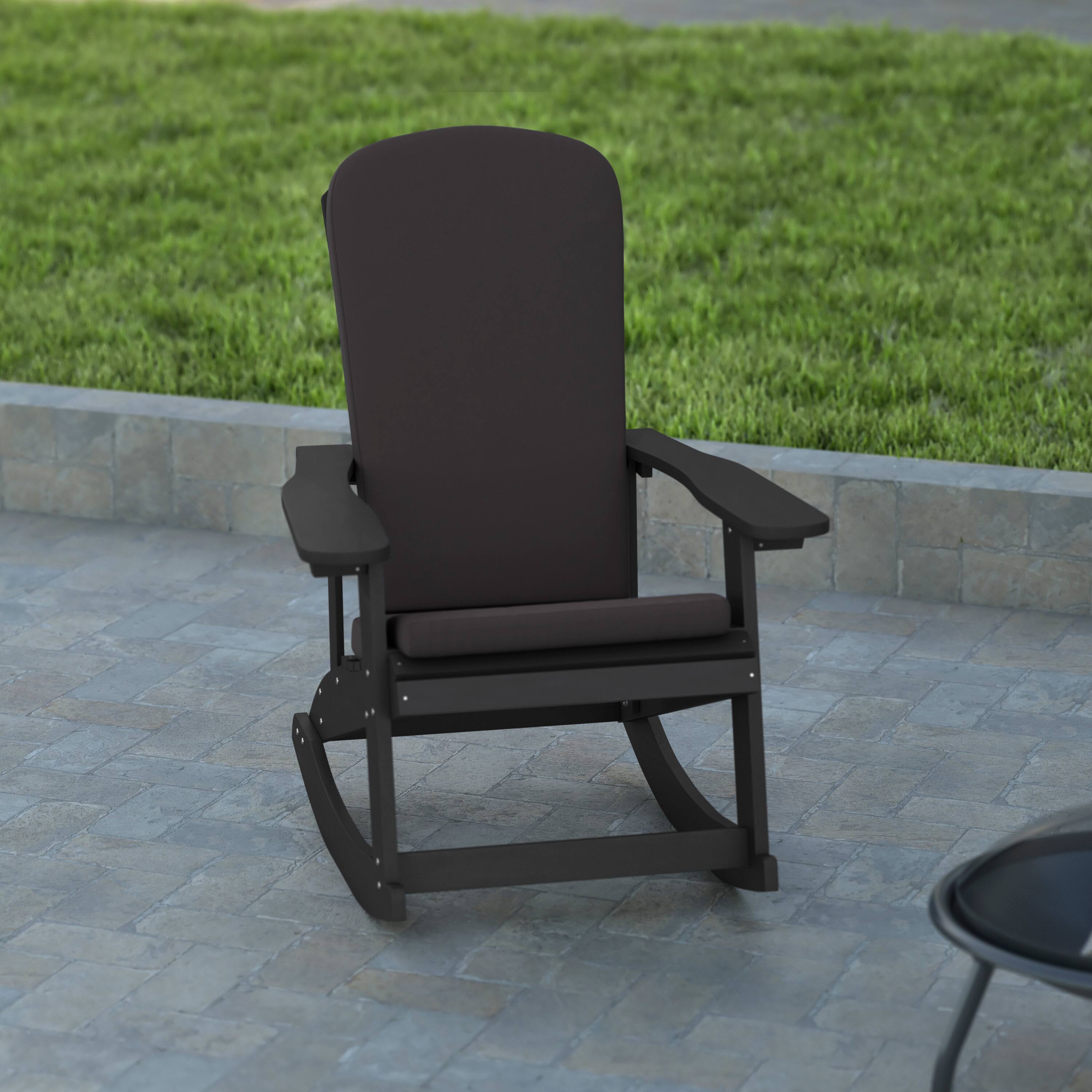 Alt View 5. Emma + Oliver - Marcy Set of 2 All-Weather Poly Resin Adirondack Rocking Chairs with Cushions - Gray Cushions/Black Frame.