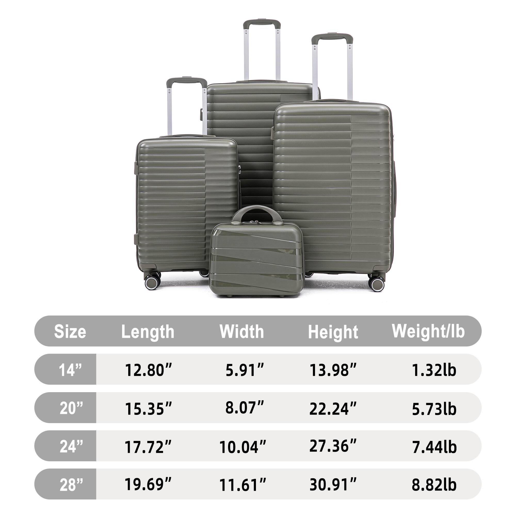 Size | Length | Width | Height | Weight/lb
---|---|---|---|---
14" | 12.80" | 5.91" | 13.98" | 1.32lb
20" | 15.35" | 8.07" | 22.24" | 5.73lb
24" | 17.72" | 10.04" | 27.36" | 7.44lb
28" | 19.69" | 11.61" | 30.91" | 8.82lb
