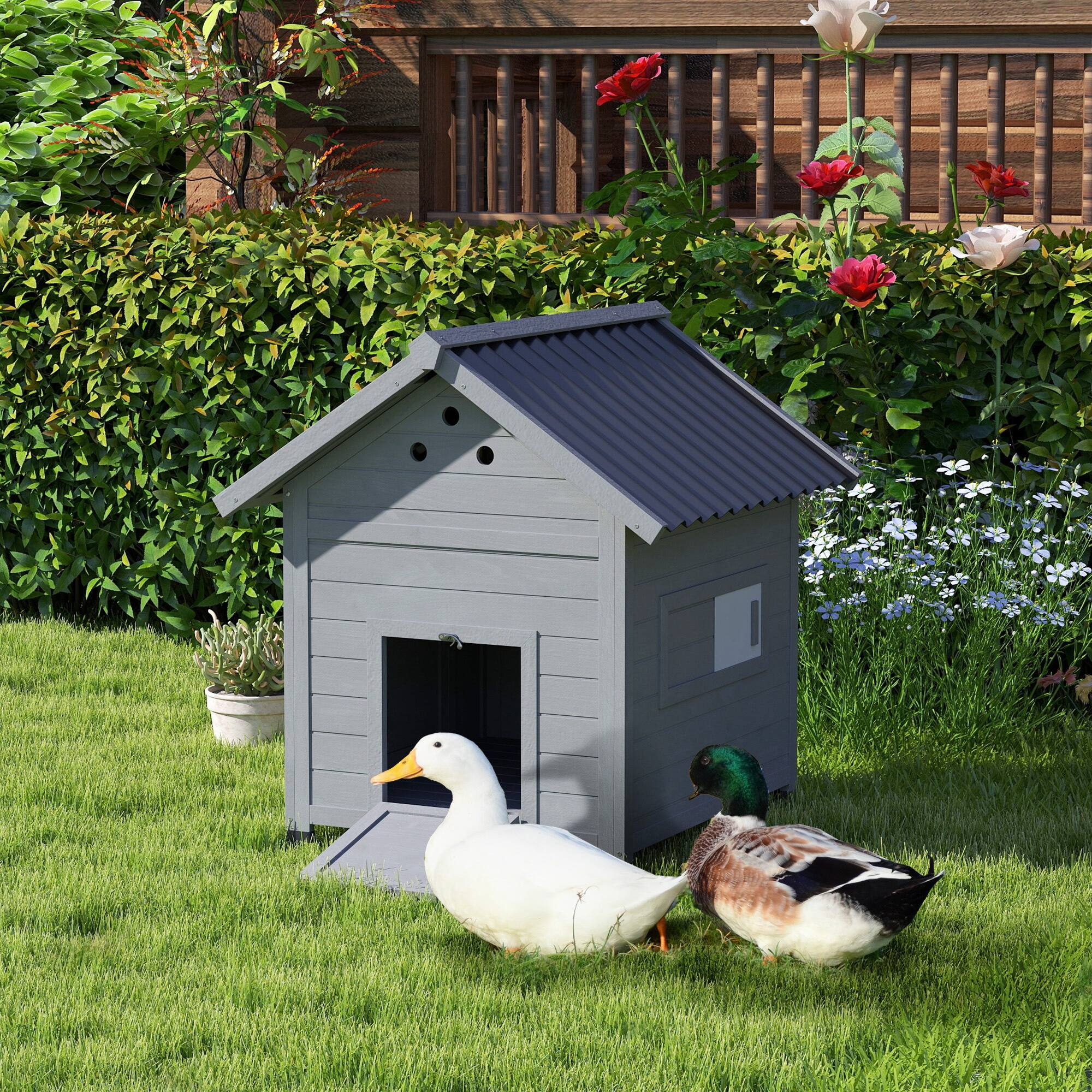 Alt View 1. Pawhut - Coop, Wooden Duck House with Openable Roof & Double Doors - Light Gray.