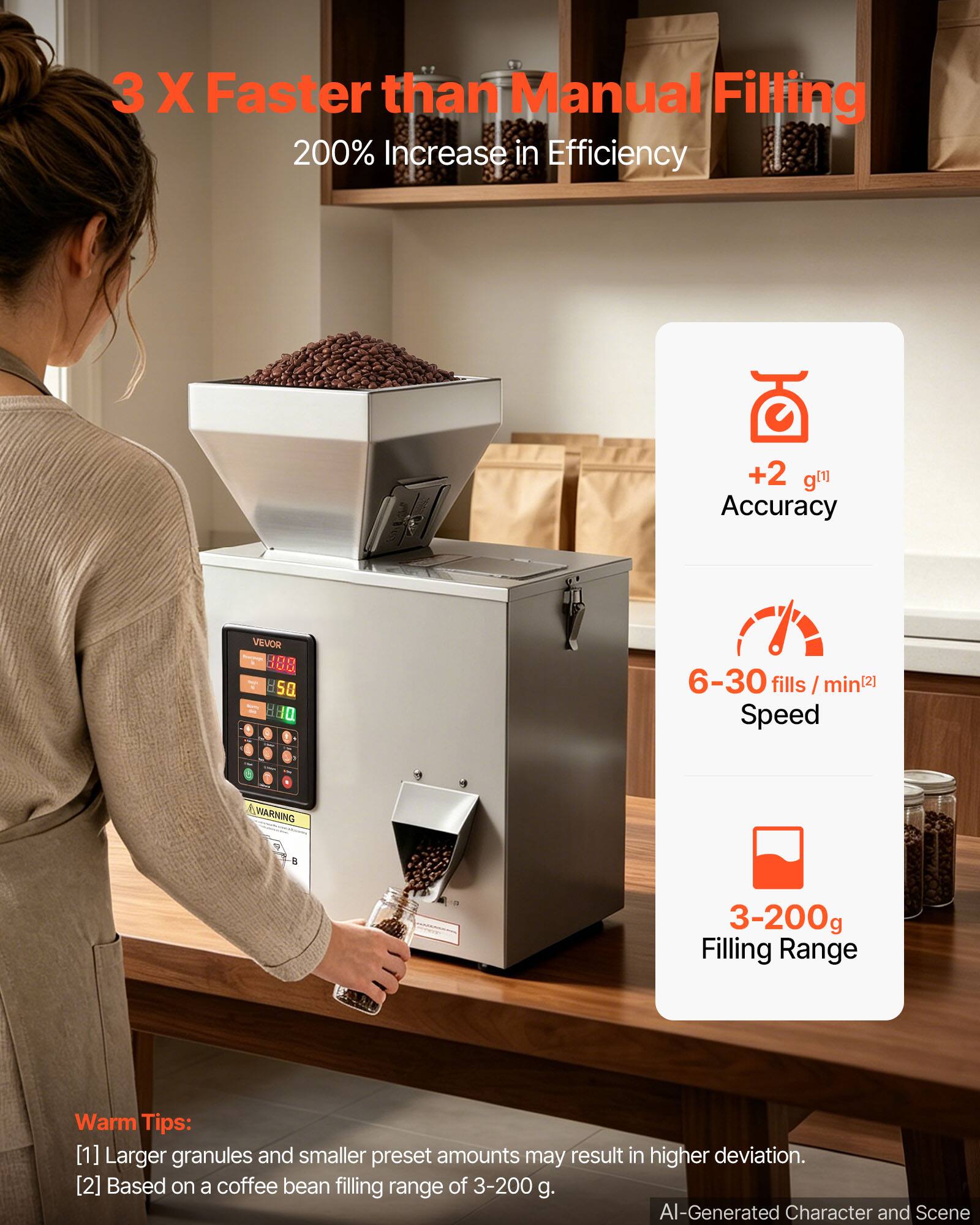 3 X Faster than Manual Filling  
200% Increase in Efficiency  
+2 g(1] Accuracy  
VEVOR d09 JUM 5Q 9 I 6-30 fills /min[] fills Speed  
HARNING a 3-200g Filling Range  
Warm Tips:  
[1] Larger granules and smaller preset amounts may result in higher deviation.  
[2] Based on a coffee bean filling range of 3-200 g.  
AI-Generated Character and Scene