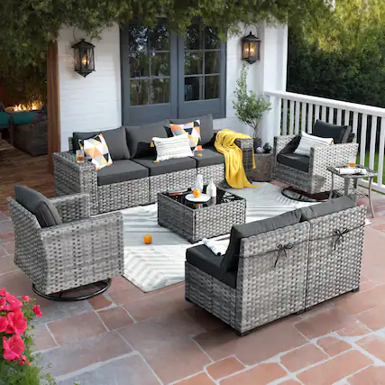 Front. Ovios - 9 PCS Outdoor Patio Furniture Rattan Sectional Sofa Swivel Rocking Chairs with Coffee Table - Black.
