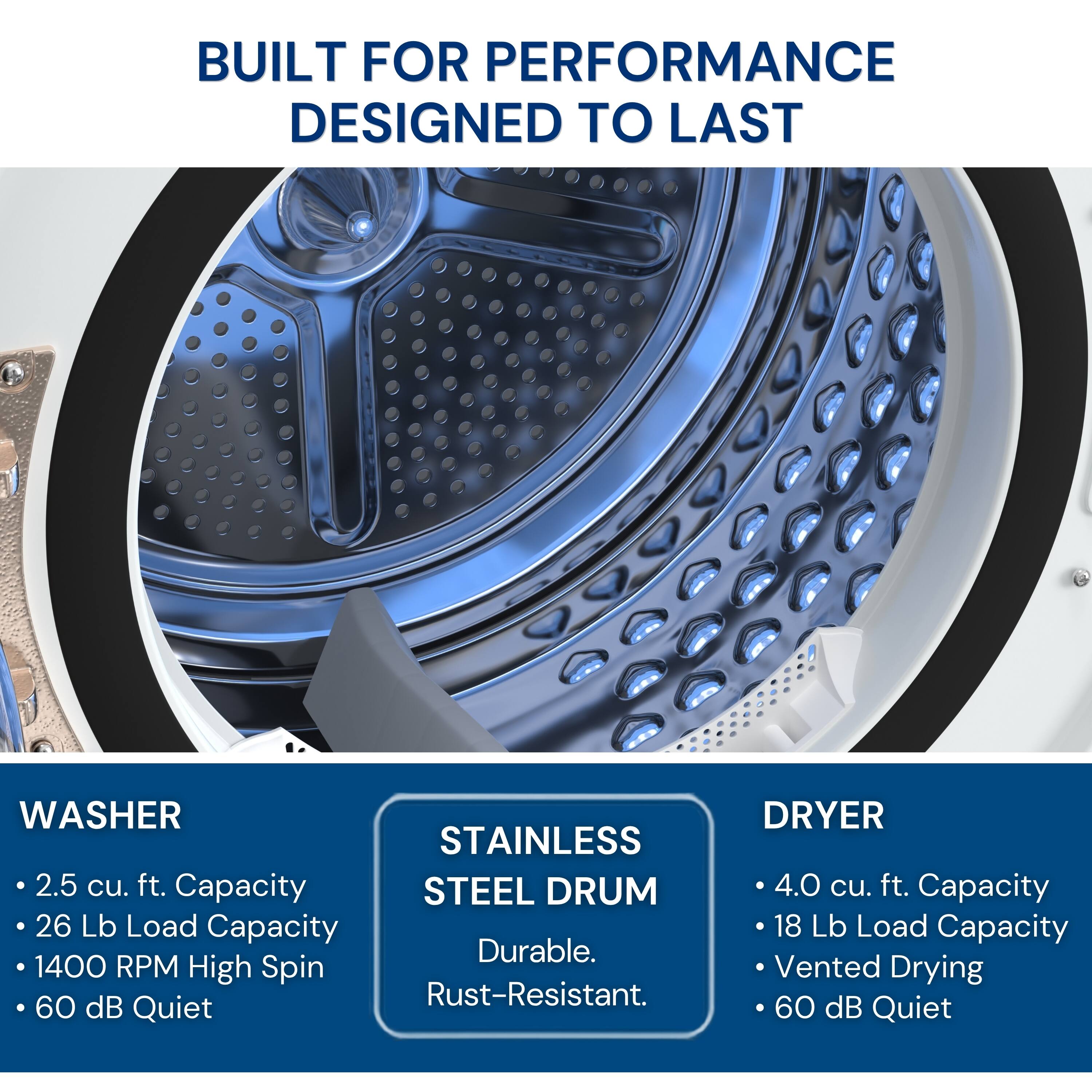 BUILT FOR PERFORMANCE DESIGNED TO LAST

WASHER
- 2.5 cu. ft. Capacity
- 26 Lb Load Capacity
- 1400 RPM High Spin
- 60 dB Quiet

STAINLESS STEEL DRUM
- Durable
- Rust-Resistant

DRYER
- 4.0 cu. ft. Capacity
- 18 Lb Load Capacity
- Vented Drying
- 60 dB Quiet