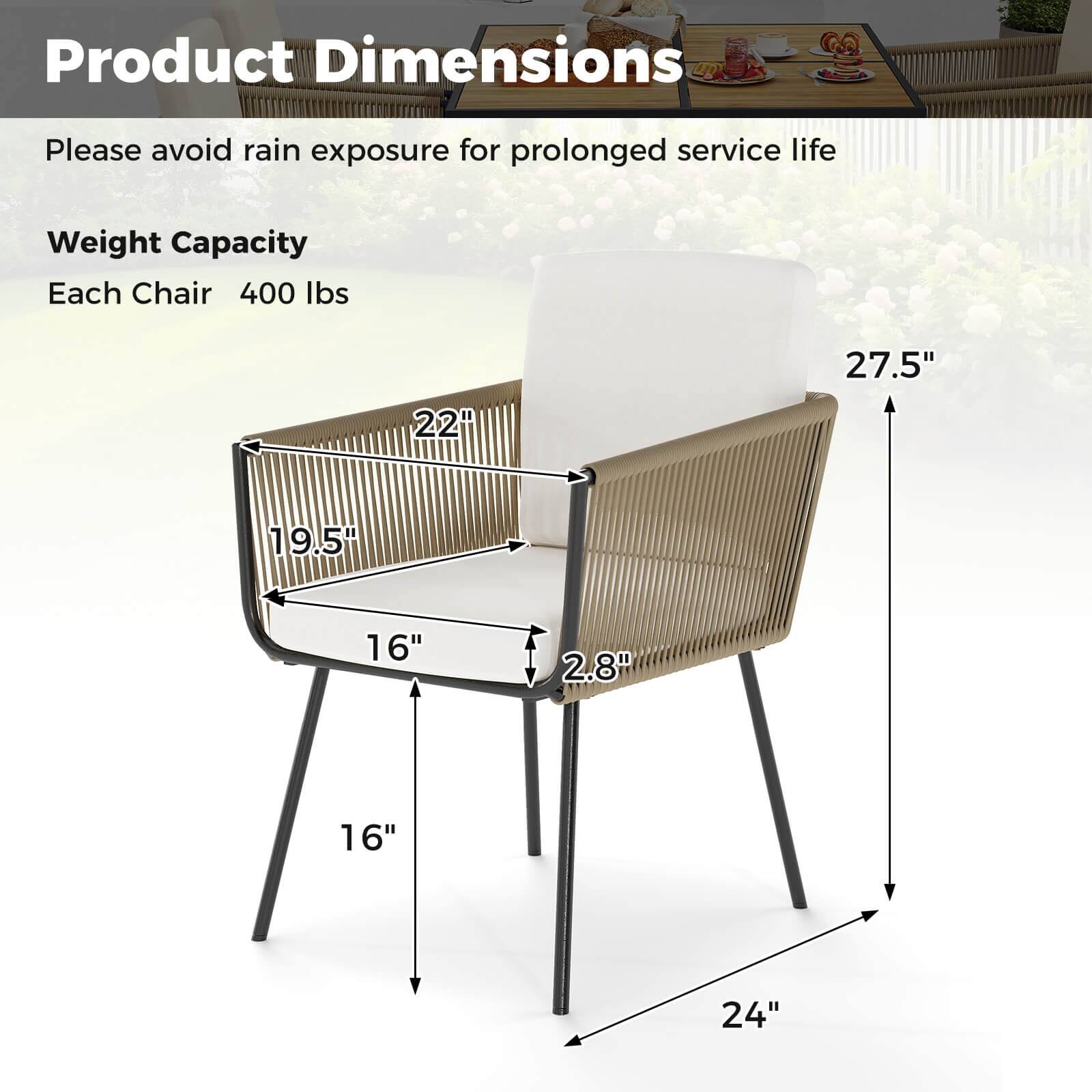 Product Dimensions  
Please avoid rain exposure for prolonged service life  

Weight Capacity  
Each Chair 400 lbs  

22"  
27.5"  
19.5"  
16"  
2.8"  
16"  
24"