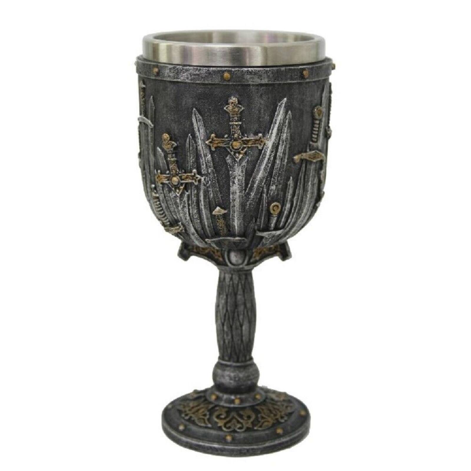 Front. Pacific Trading - Mythical Swords Wine Goblet Chalice Cup Resin Body Stainless Steel Cup - Gray.