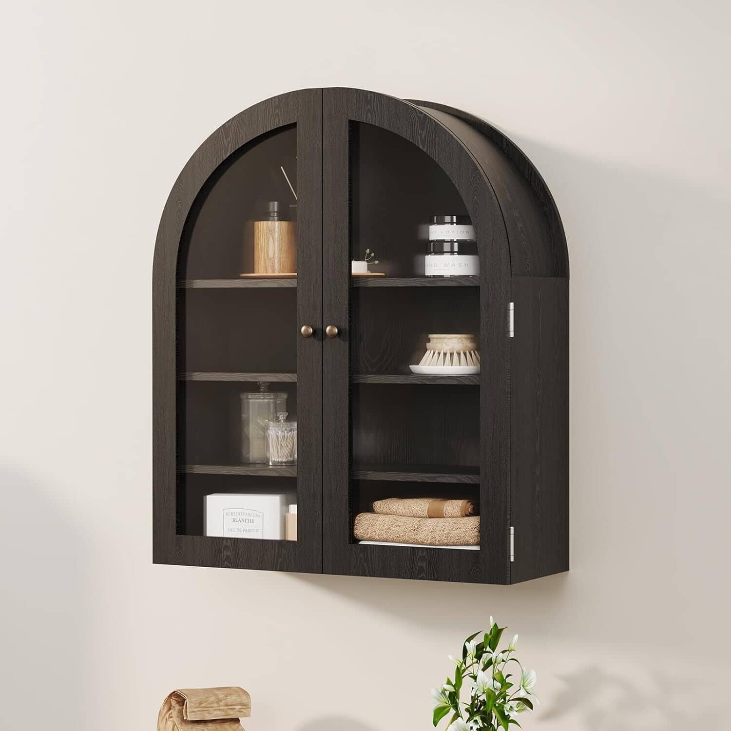 GARVEE - Bathroom Wall Mounted Cabinet, Arched Medicine Cabinet, Over The Toilet Storage Organizer with Glass Doors,Black - Black