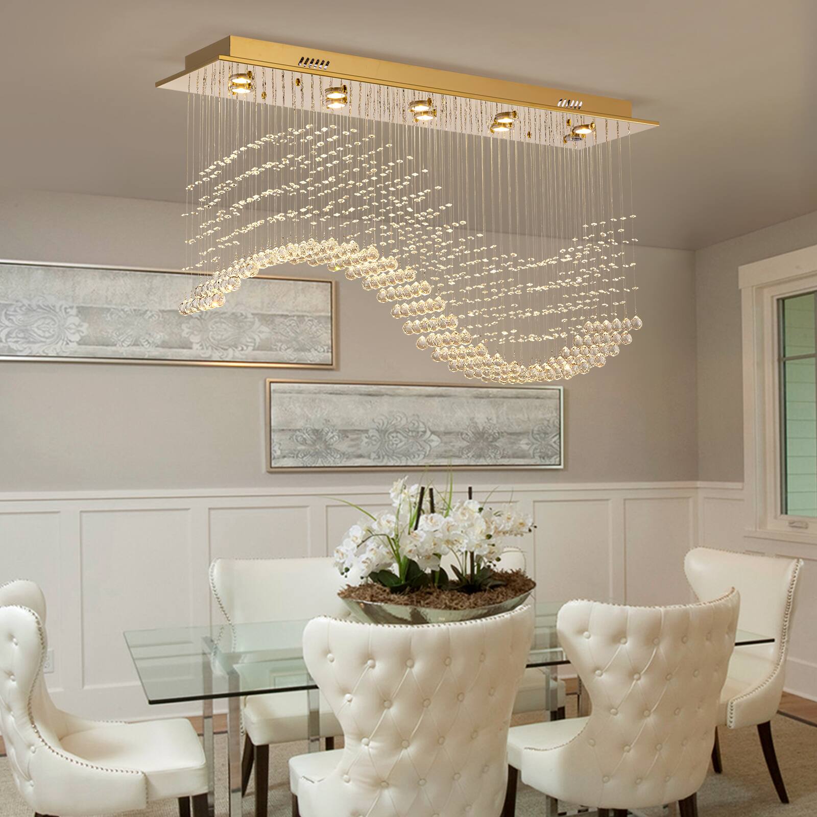 Back. Siljoy - 47-In 10-Light Chrome Square Crystal Chandelier, Wave Raindrop Flush Mount Ceiling Light for Dining Living Kitchen - Chrome.