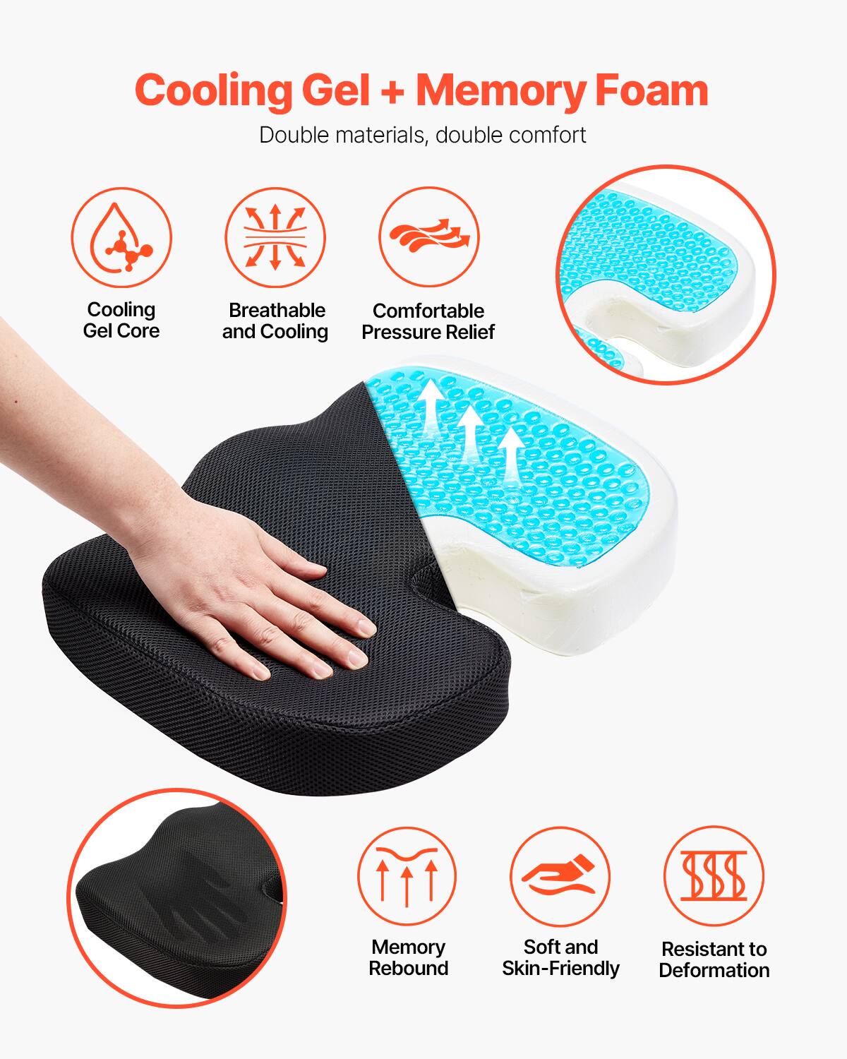Cooling Gel + Memory Foam  
Double materials, double comfort  

- Cooling Gel Core  
- Breathable and Cooling  
- Comfortable Pressure Relief  

- Memory Rebound  
- Soft and Skin-Friendly  
- Resistant to Deformation  

$88