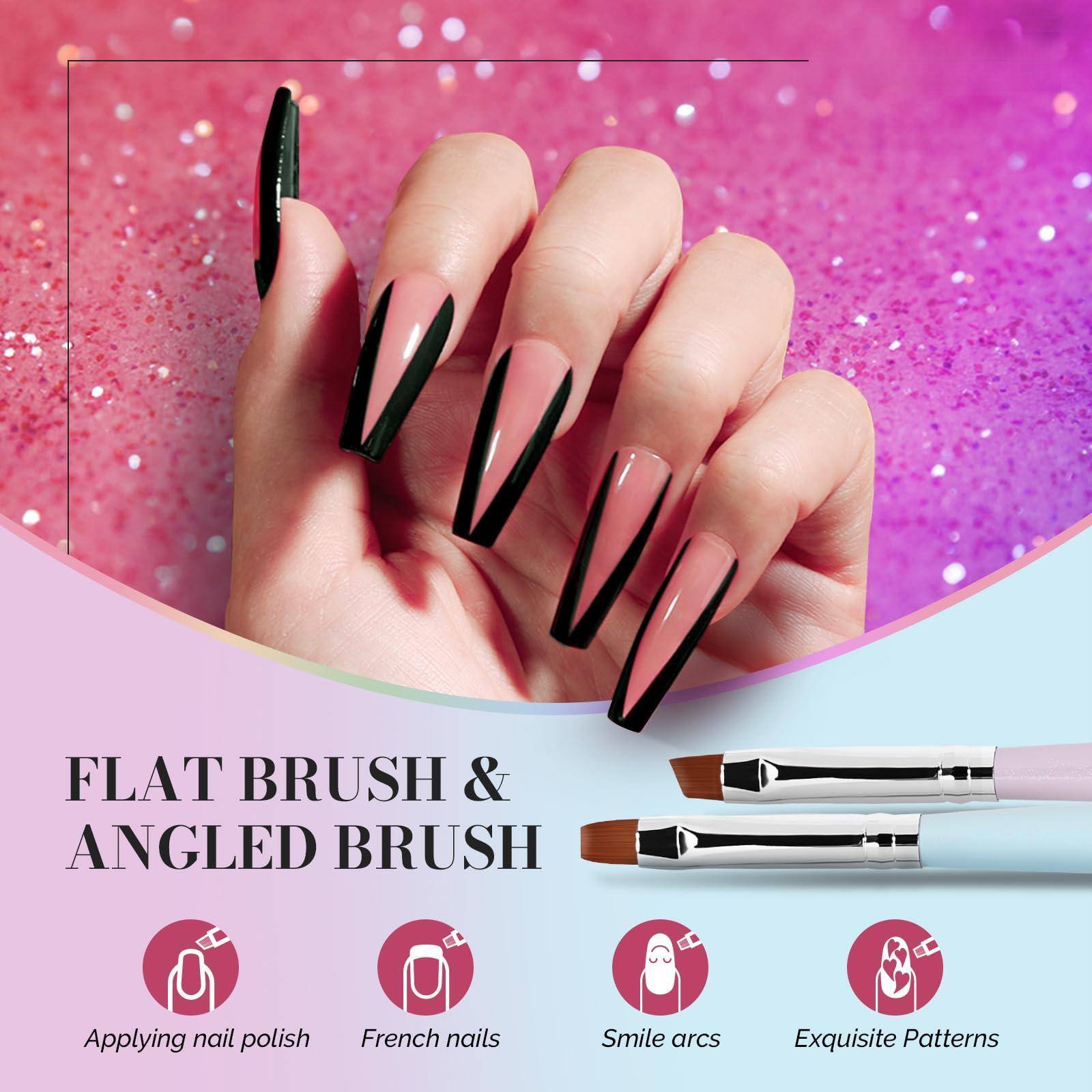 FLAT BRUSH & ANGLED BRUSH

- Applying nail polish
- French nails
- Smile arcs
- Exquisite Patterns