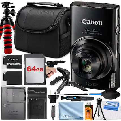 Canon ELPH PowerShot 360 HS A
Canon BATTERY PACK NB-11L 3.6V 680mAh 2.5Wh (Li-ion)
Canon 64GB SD Card
Canon BATTERY CHARGER
Canon ON LENS 12x/4.5-54.0mm 3.6 12x OPTICAL ZOOM
ZITZTech
Action.com/CS, WEEK