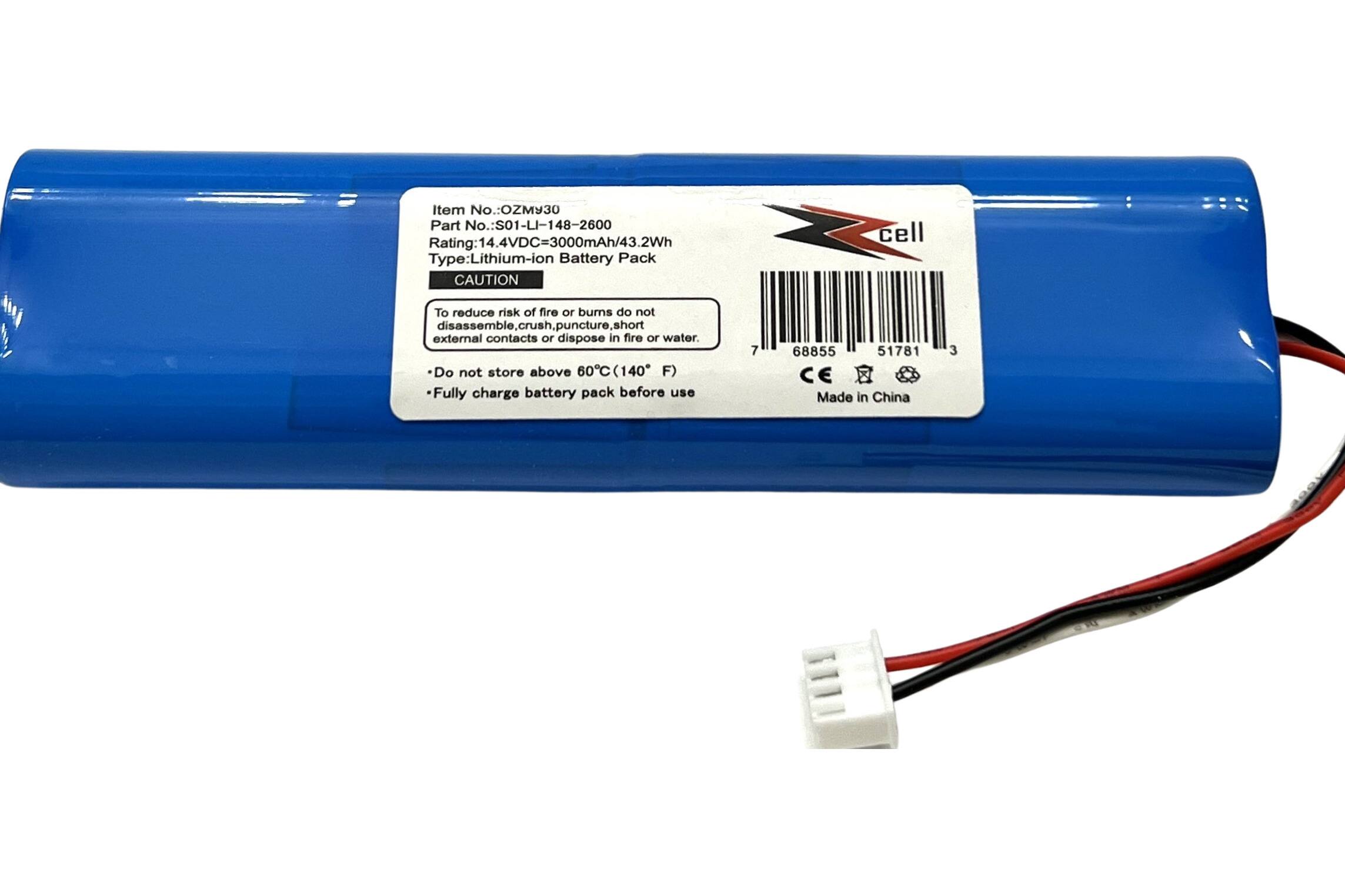 Item No.: OZM930  
Part No.: S01-LI-148-2600  
Rating: 14.4VDC=3000mAh/43.2Wh  
Type: Lithium-ion Battery Pack  

CAUTION  
To reduce risk of fire or burns do not disassemble, crush, puncture, short external contacts or dispose in fire or water. Do not store above 60°C (140°F). Fully charge battery pack before use.  

CE  
Made in China