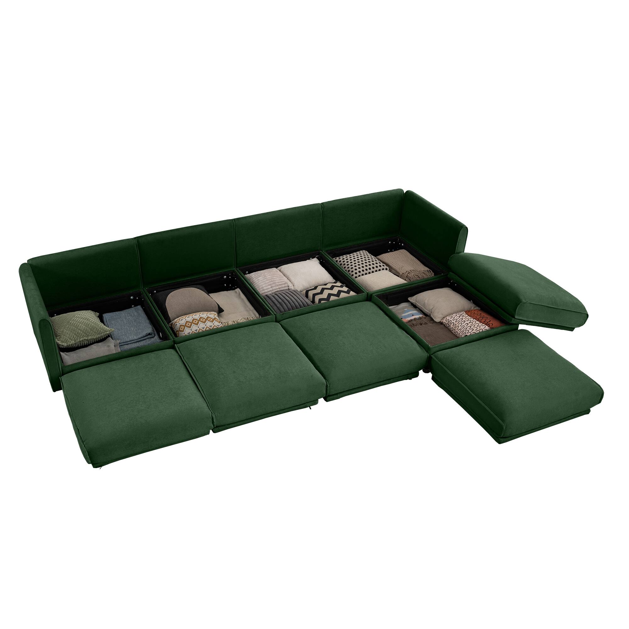 Alt View 10. LOVMOR - 4 Seat Chenille Modular Sectional Couch L Shaped Storage Ottoman Cylindrical Support For Living Room Plush Den - Green.