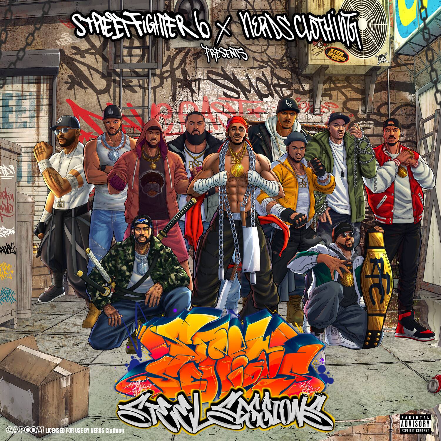 Sure, here is the corrected and grouped text from the image:

---

**STREET FIGHTER 6 x NERDS CLOTHING**

**PRESENTS**

**STREET FIGHTER 6**

**NERDS CLOTHING**

**CAPCOM LICENSED FOR USE BY NERDS CLOTHING**

**PARENTAL ADVISORY EXPLICIT CONTENT**

---

**STREET FIGHTER 6**

**NERDS CLOTHING**

**CAPCOM LICENSED FOR USE BY NERDS CLOTHING**

**PARENTAL ADVISORY EXPLICIT CONTENT**

---

**STREET FIGHTER 6**

**NERDS CLOTHING**

**CAPCOM LICENSED FOR USE BY NERDS CLOTHING**

**PARENTAL ADVISORY EXPLICIT CONTENT**

---

**STREET FIGHTER 6**

**NERDS CLOTHING**

**CAPCOM LICENSED FOR USE BY NERDS CLOTHING**

**PARENTAL ADVISORY EXPLICIT CONTENT**

---

**STREET FIGHTER 6**

**NERDS CLOTHING**

**CAPCOM LICENSED FOR USE BY NERDS CLOTHING**

**PARENTAL ADVISORY EXPLICIT CONTENT**

---

**STREET FIGHTER 6**

**NERDS CLOTHING**

**CAPCOM LICENSED FOR USE BY NERDS CLOTHING**

**PARENTAL ADVISORY EXPLICIT CONTENT**

---

**STREET FIGHTER 6**

**NERDS CLOTHING**

**CAPCOM LICENSED FOR USE BY NERDS CLOTHING**

**PARENTAL ADVISORY EXPLICIT CONTENT**

---

**STREET FIGHTER 6**

**NERDS CLOTHING**

**CAPCOM LICENSED FOR USE BY NERDS CLOTHING**

**PARENTAL ADVISORY EXPLICIT CONTENT**

---

**STREET FIGHTER 6**

**NERDS CLOTHING**

**CAPCOM LICENSED FOR USE BY NERDS CLOTHING**

**PARENTAL ADVISORY EXPLICIT CONTENT**

---

**STREET FIGHTER 6**

**NERDS CLOTHING**

**CAPCOM LICENSED FOR USE BY NERDS CLOTHING**

**PARENTAL ADVISORY EXPLICIT CONTENT**

---

**STREET FIGHTER 6**

**NERDS CLOTHING**

**CAPCOM LICENSED FOR USE BY NERDS CLOTHING**

**PARENTAL ADVISORY EXPLICIT CONTENT**

---

**STREET FIGHT