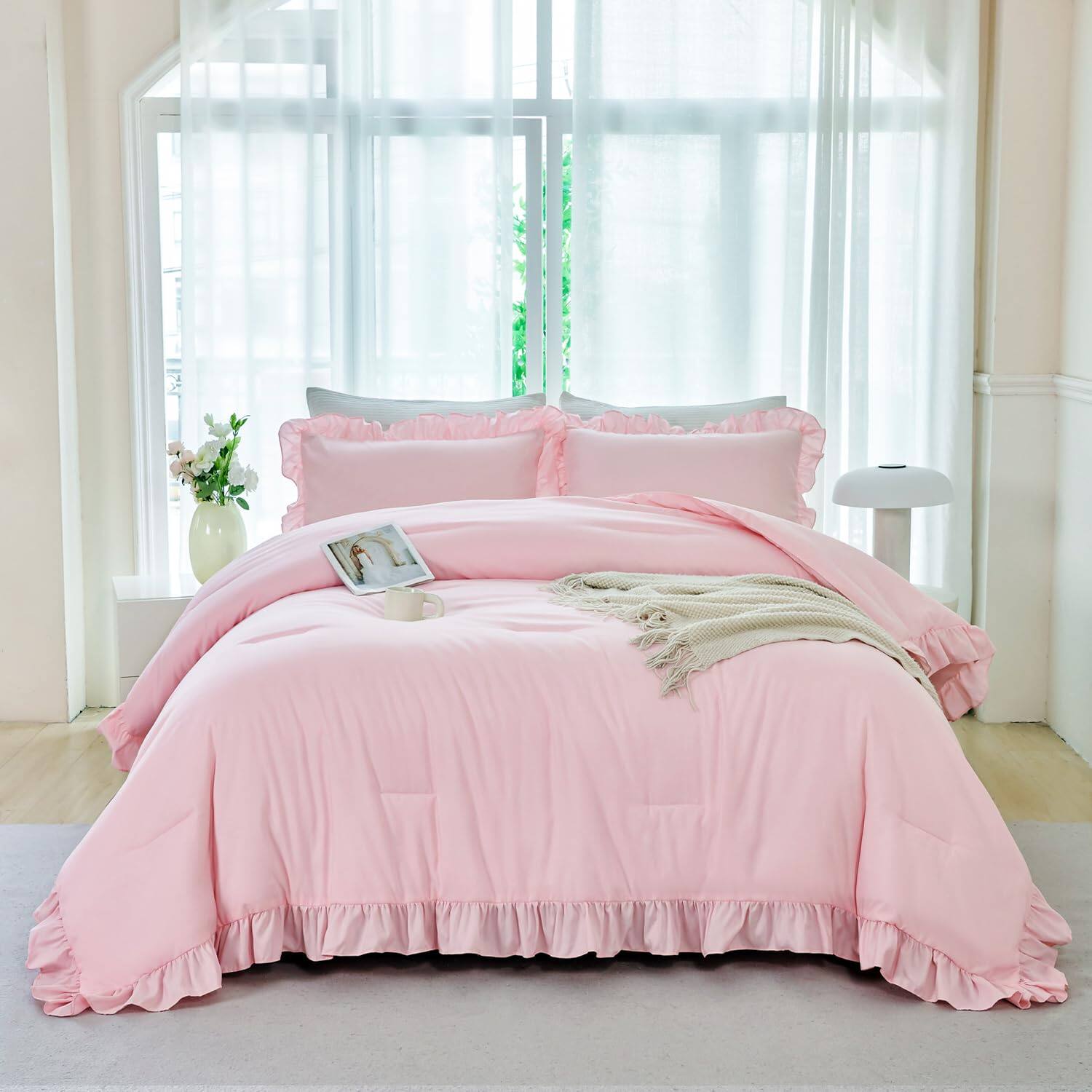 NICHOLAS KLEIN - Blush Ruffled Comforter Sets Full Farmhouse Bed In A Bag With Layer Ruffle Soft Lightweight Bedding Sheet P - Pink Twin(5Pcs)