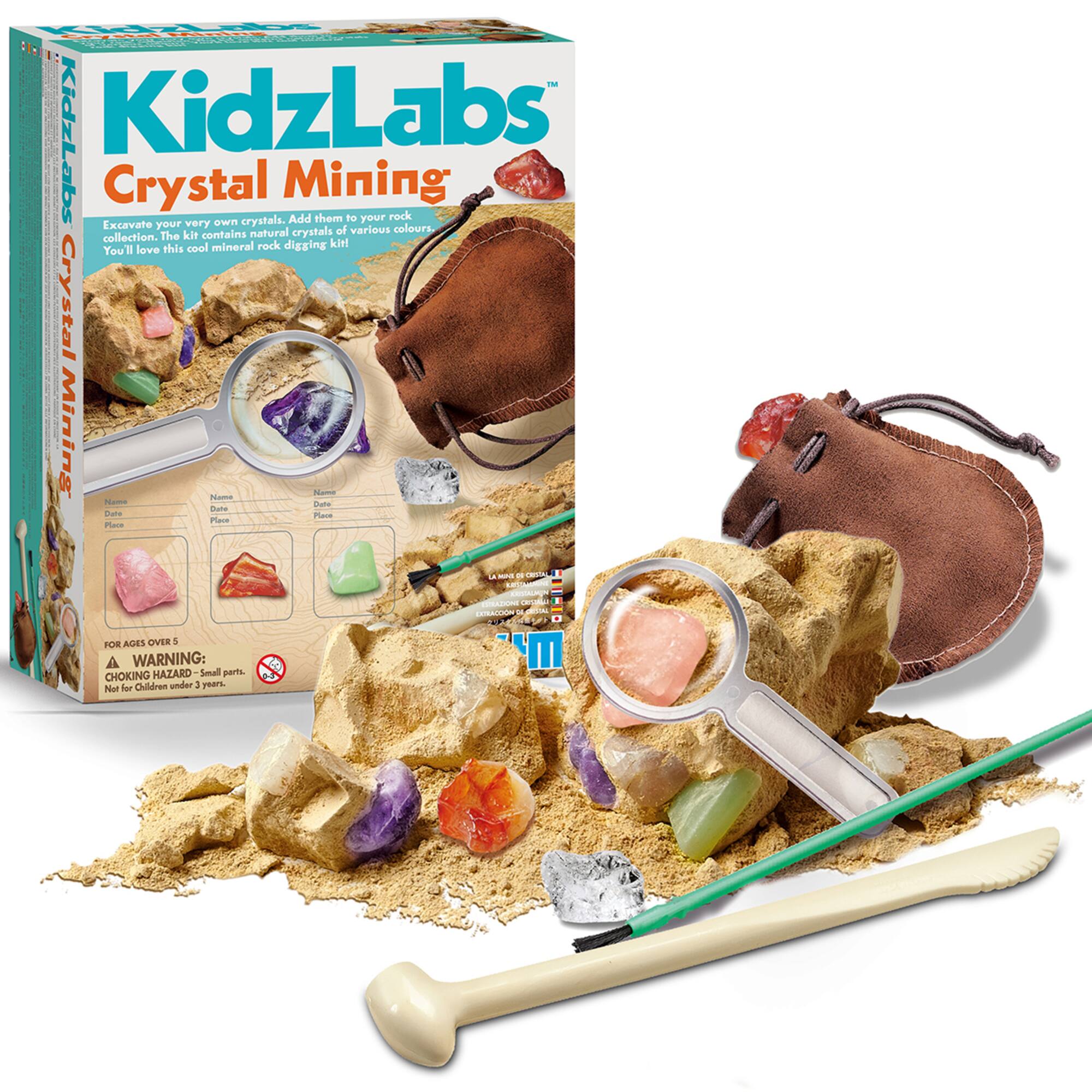 KidzLabs  
KidzLabs Crystal Mining: Excavate your very own crystals. Add them to your rock collection. The kit contains cool mineral rock digging kit. You'll love this!  
PAP Crystal Mining  
FOR AGES OVER 5  
WARNING: CHOKING HAZARD - Small parts. Not for Children under 3 years.