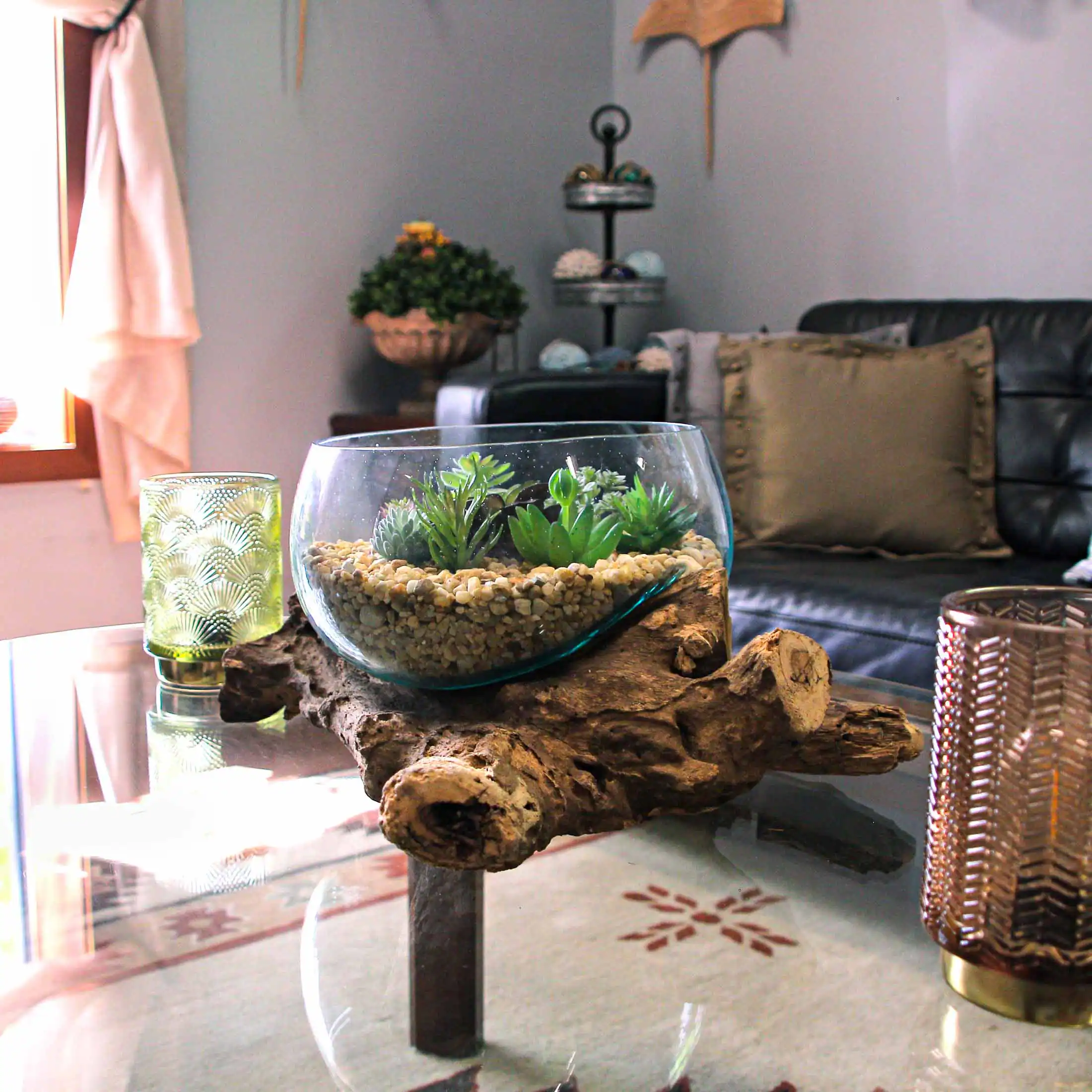 Alt View 4. Things2Die4 - Melted Glass Bowl on Teak Driftwood Base, 8–9" Terrarium Centerpiece Decor - Brown.