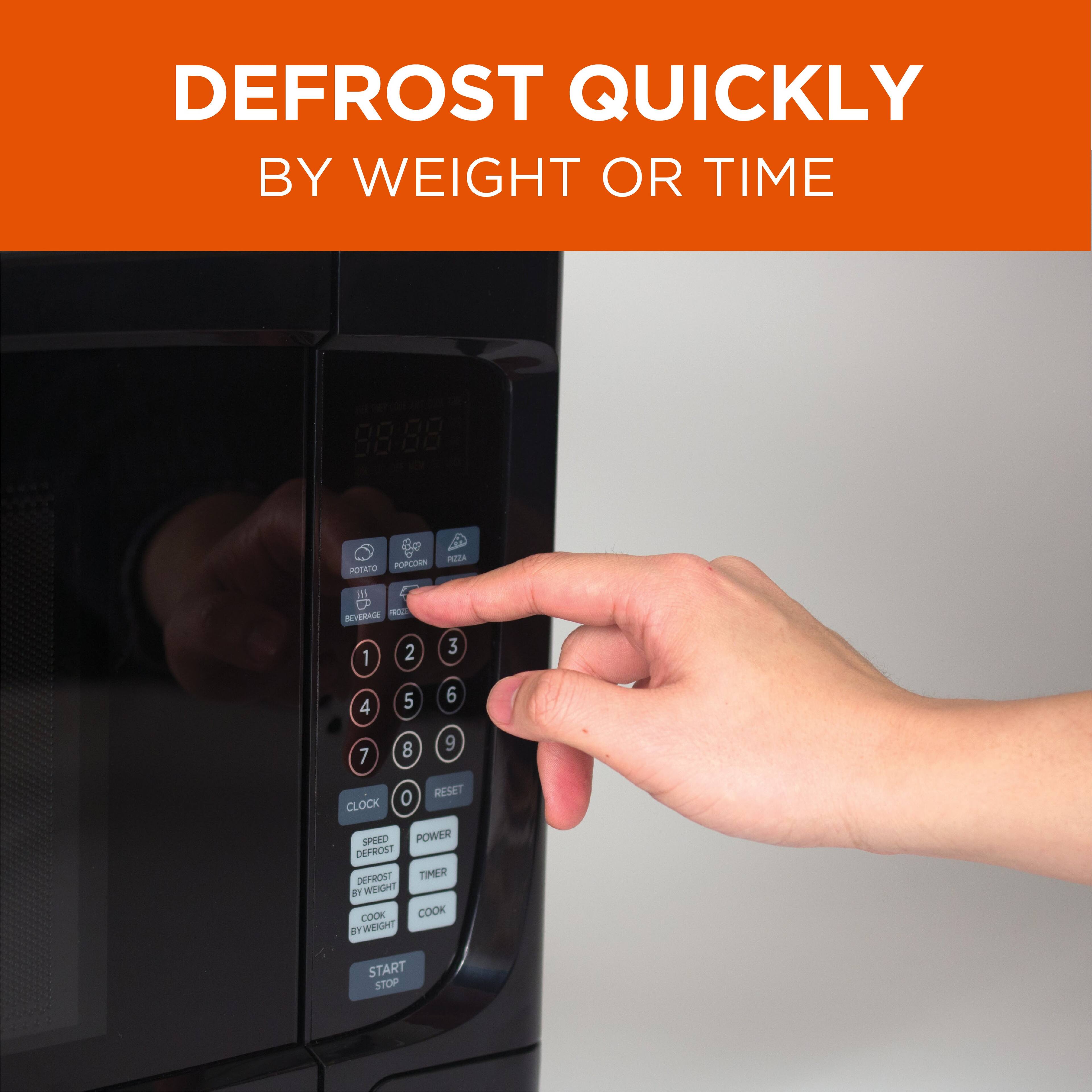 DEFROST QUICKLY BY WEIGHT OR TIME

POTATO POPCORN
1 2 3 4 5 6 7 8 9 0
RESET CLOCK SPEED POWER DEFROST DEFROST TIMER BY WEIGHT COOK COOK BY WEIGHT START STOP