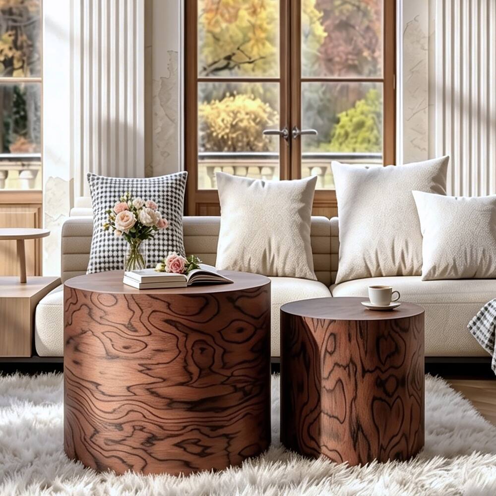 Angle. Loheer - Loheer 2-Piece Nesting Round Coffee Table Set Tree Stump Drum Accent Side Table No Assembly Brown Pommele - Brown.