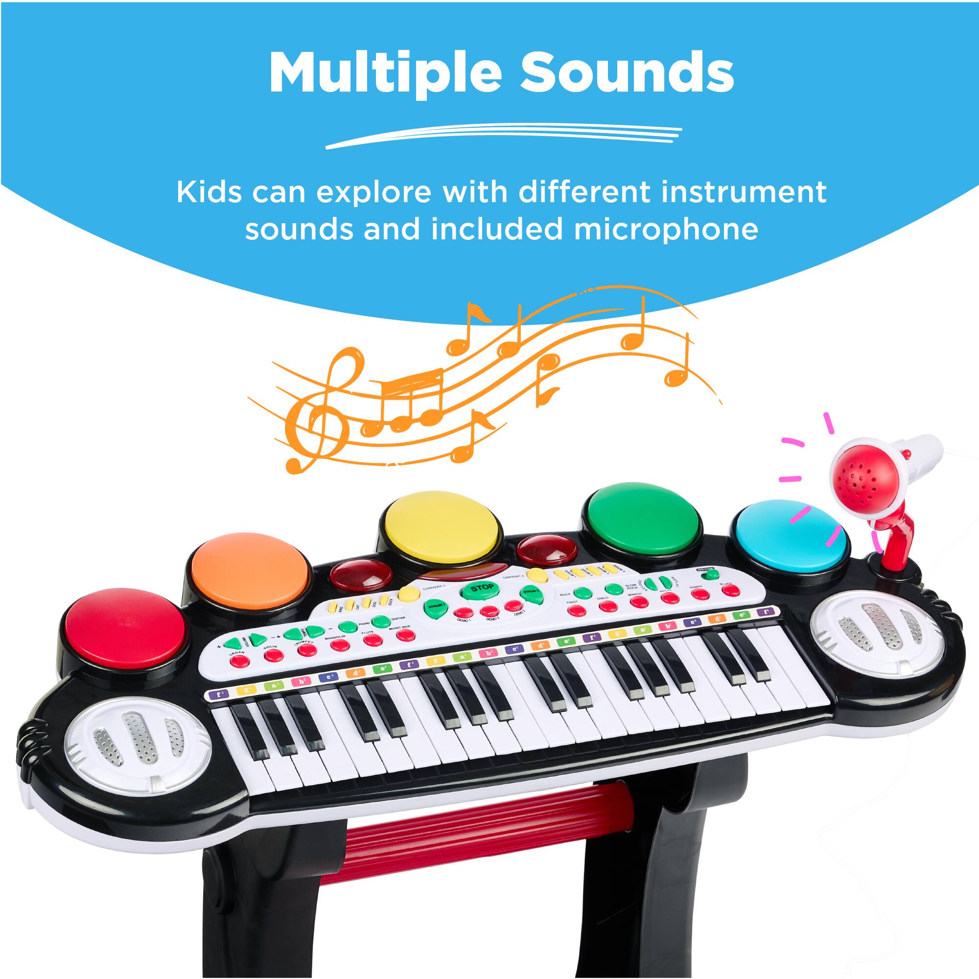 Multiple Sounds

Kids can explore with different instrument sounds and included microphone.