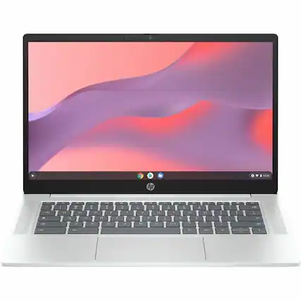 Front. HP - HP Chromebook 14a-nf0000 14a-nf0010nr 14" Chromebook - HD - Intel N-Series N100 - 4 GB - 64 GB Flash Memory - Sky Black - Sky Black.