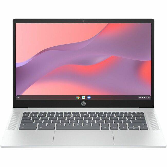 Front. HP - HP Chromebook 14a-nf0000 14a-nf0010nr 14" Chromebook - HD - Intel N-Series N100 - 4 GB - 64 GB Flash Memory - Sky Black - Sky Black.